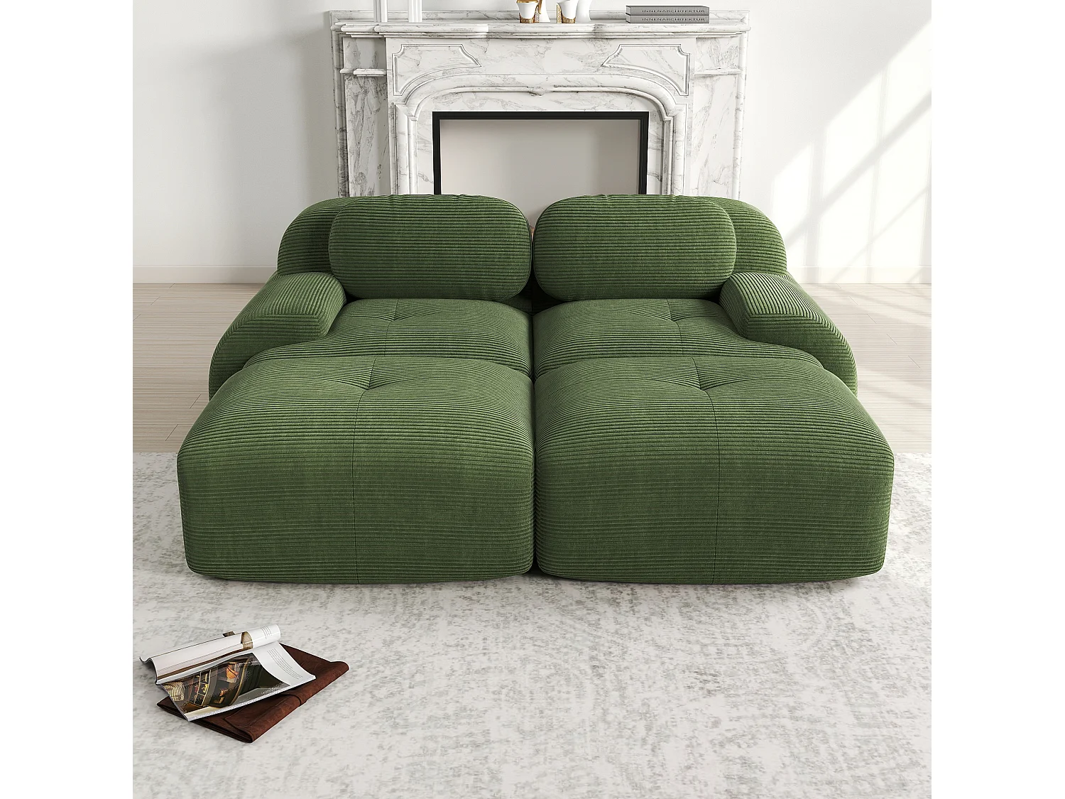 2-zits modulaire bank in Cordsamt met chaise longue, ergonomische armleuningen, elastische vulling, groen (160x85x80 cm)