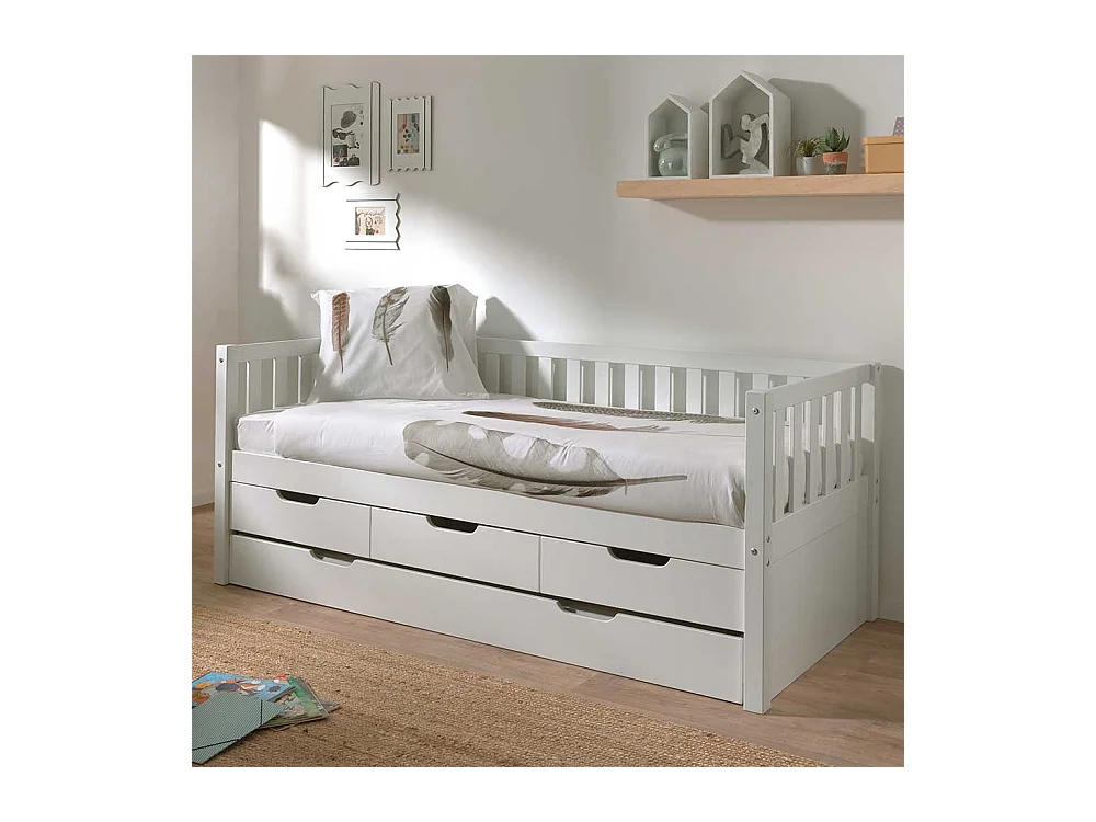Stauraumbett im Skandi Design Kiefer Massivholz weiß