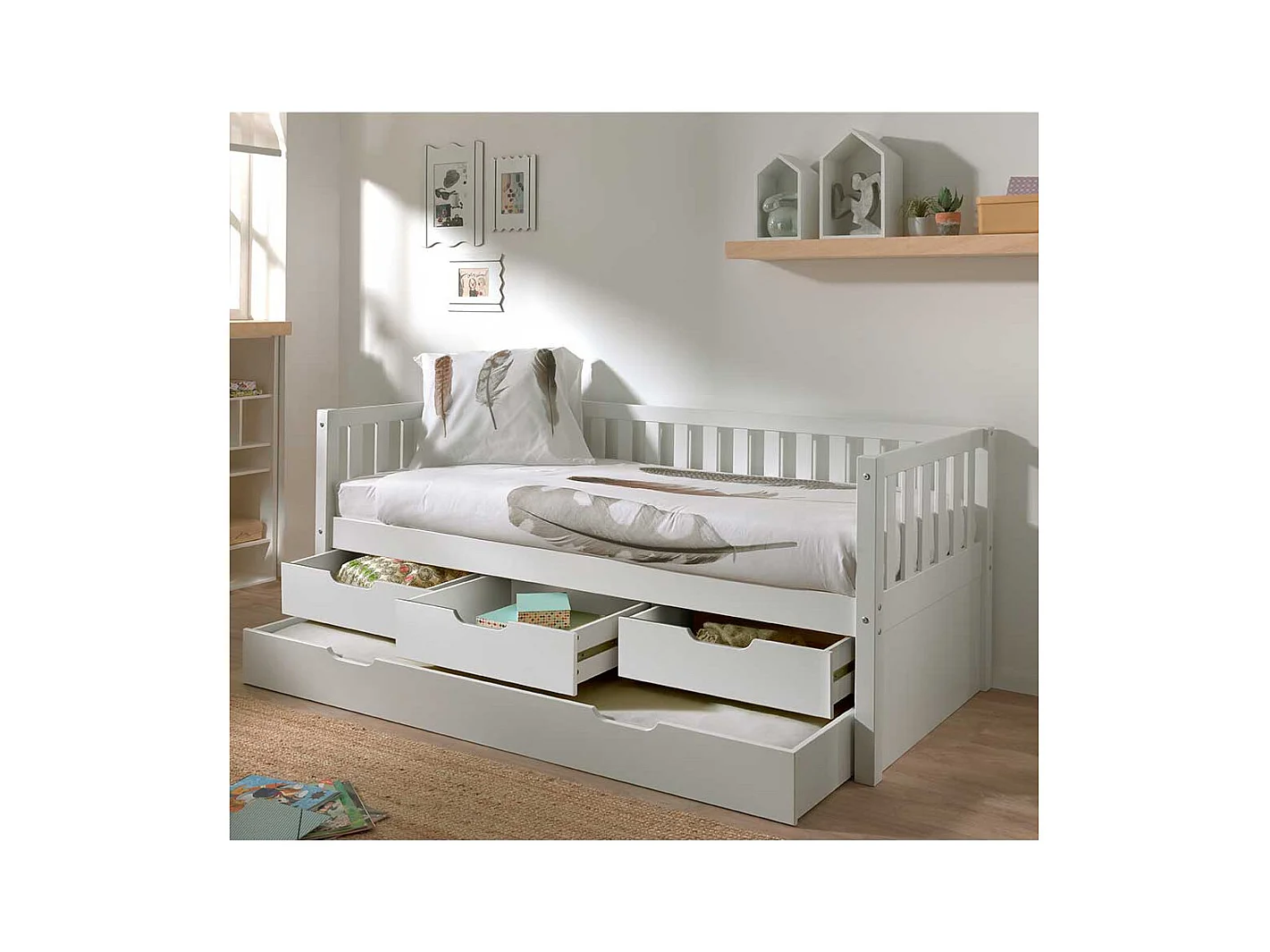 Stauraumbett im Skandi Design Kiefer Massivholz weiß