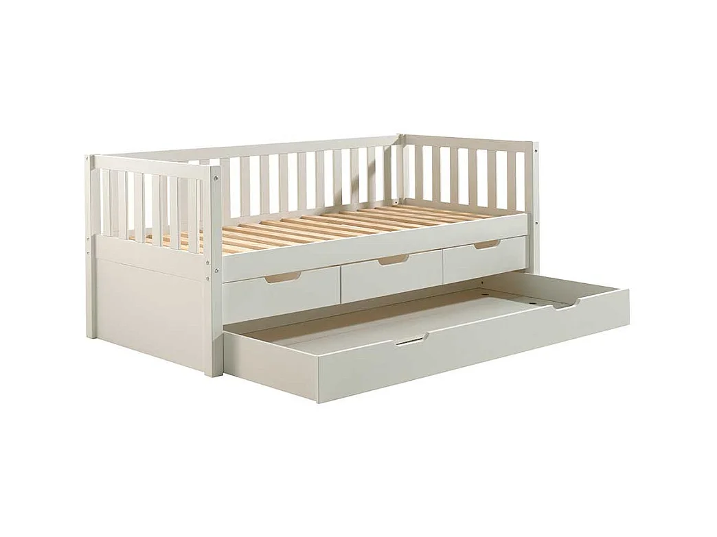Stauraumbett im Skandi Design Kiefer Massivholz weiß