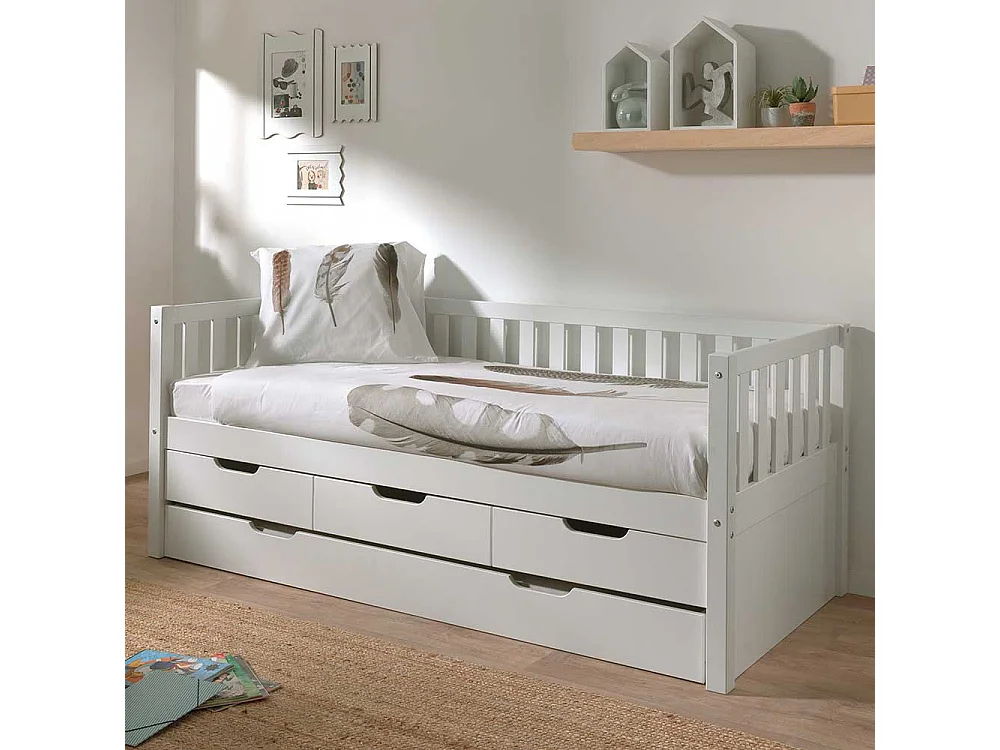 Stauraumbett im Skandi Design Kiefer Massivholz weiß