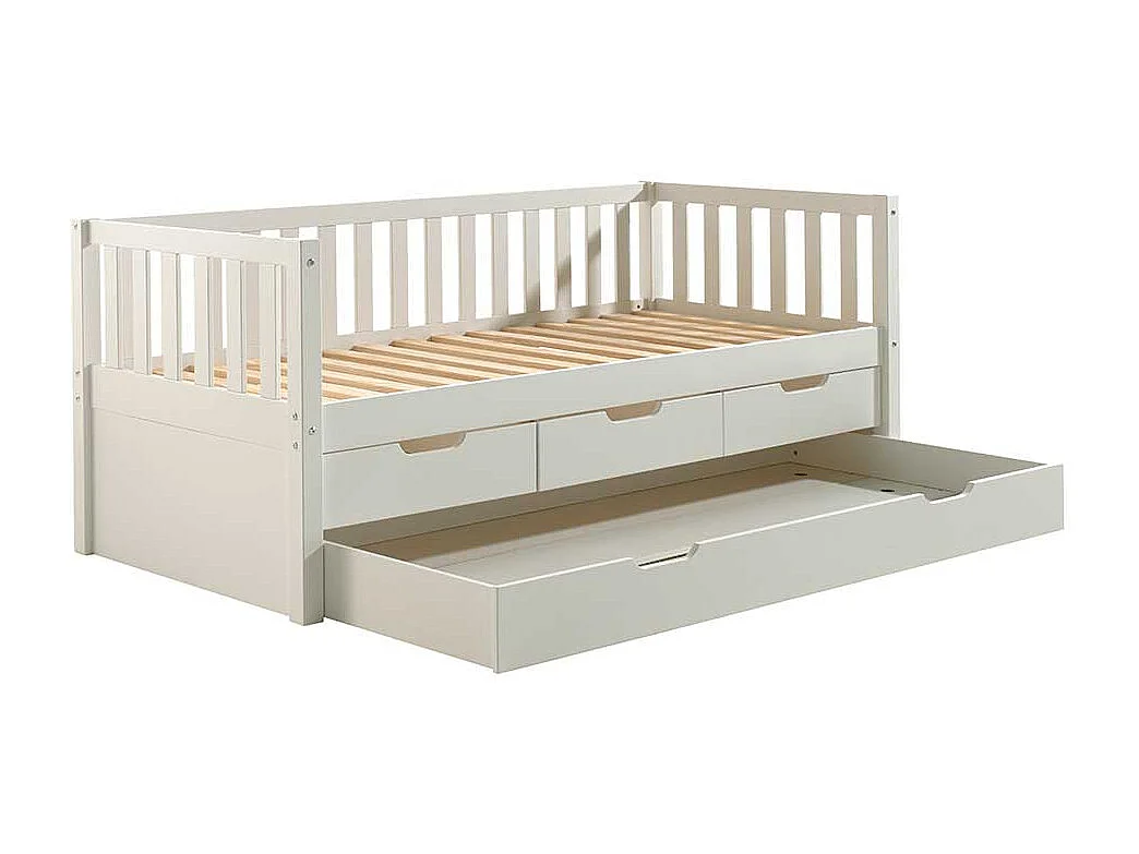 Stauraumbett im Skandi Design Kiefer Massivholz weiß