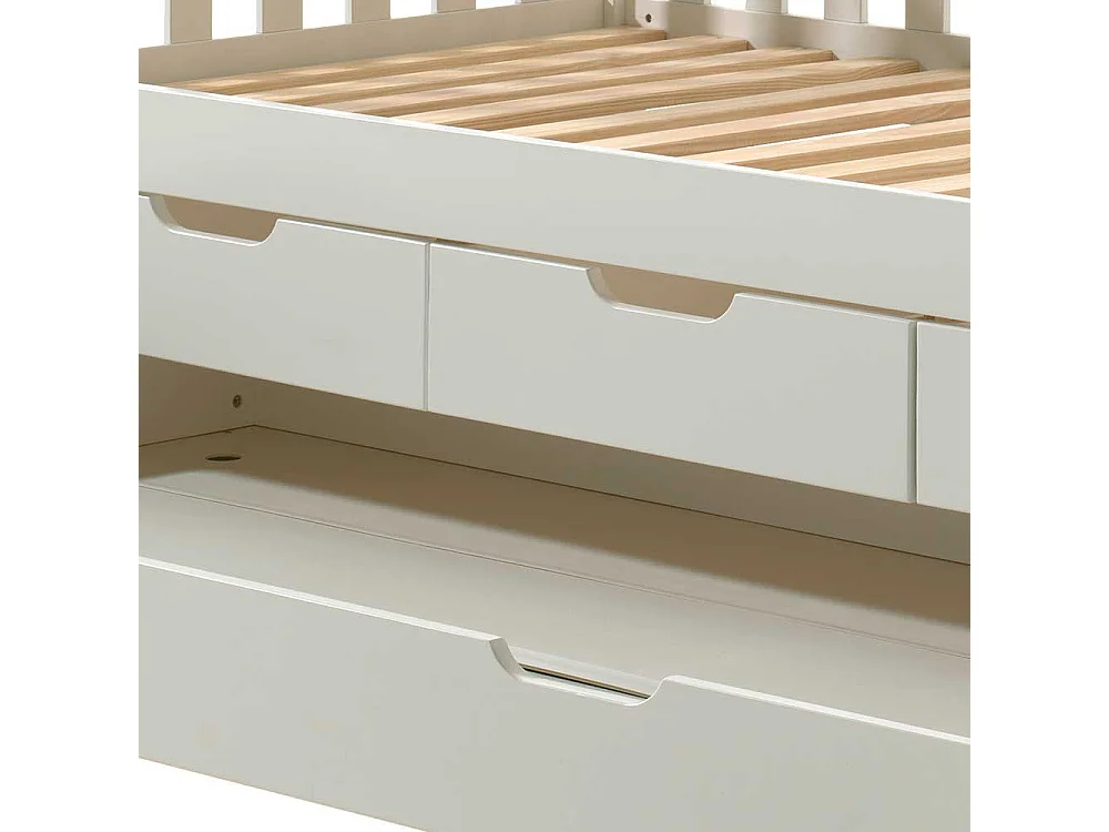 Stauraumbett im Skandi Design Kiefer Massivholz weiß