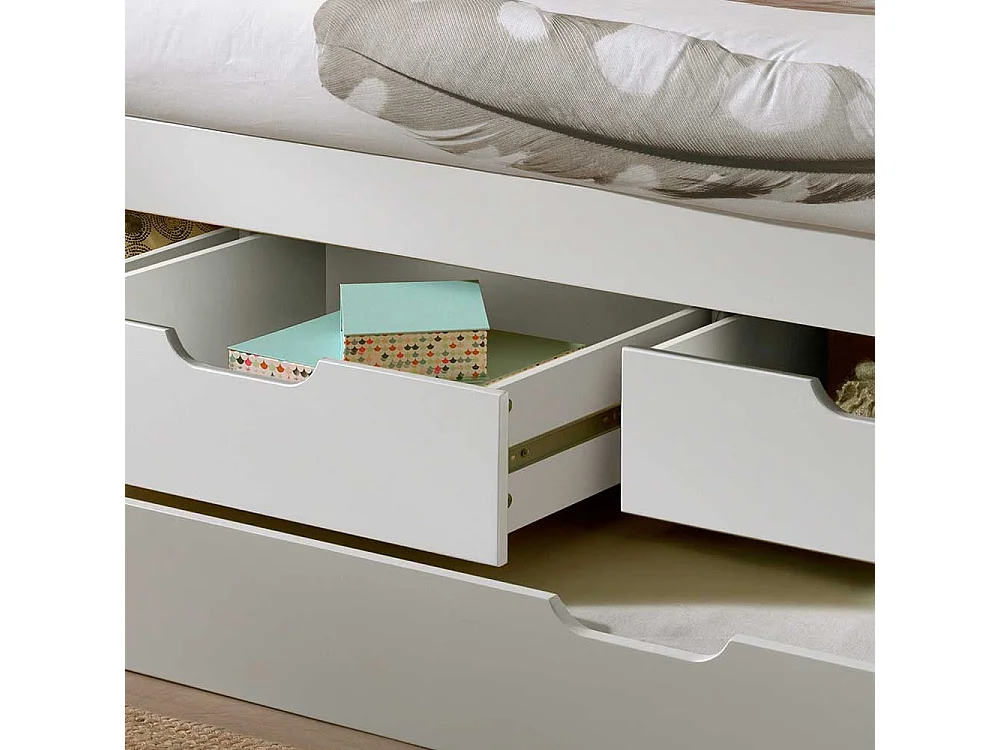 Stauraumbett im Skandi Design Kiefer Massivholz weiß