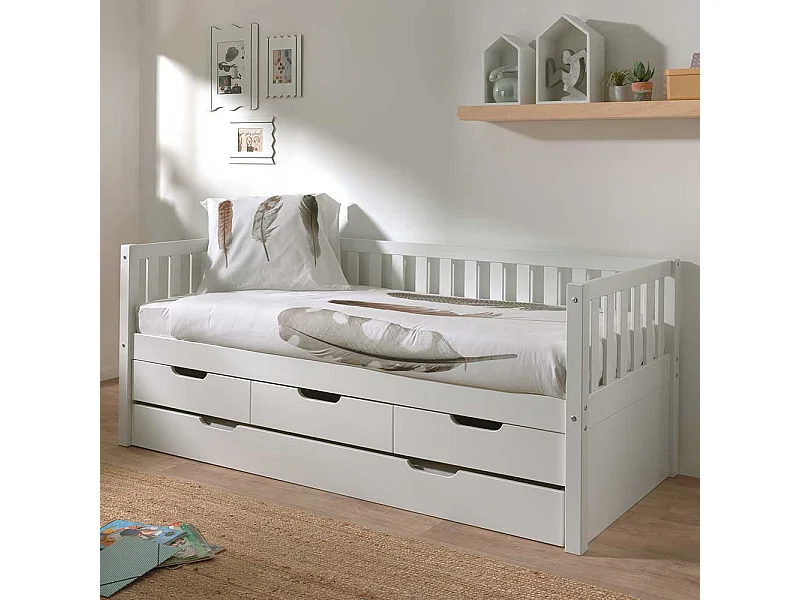 Stauraumbett im Skandi Design Kiefer Massivholz weiß
