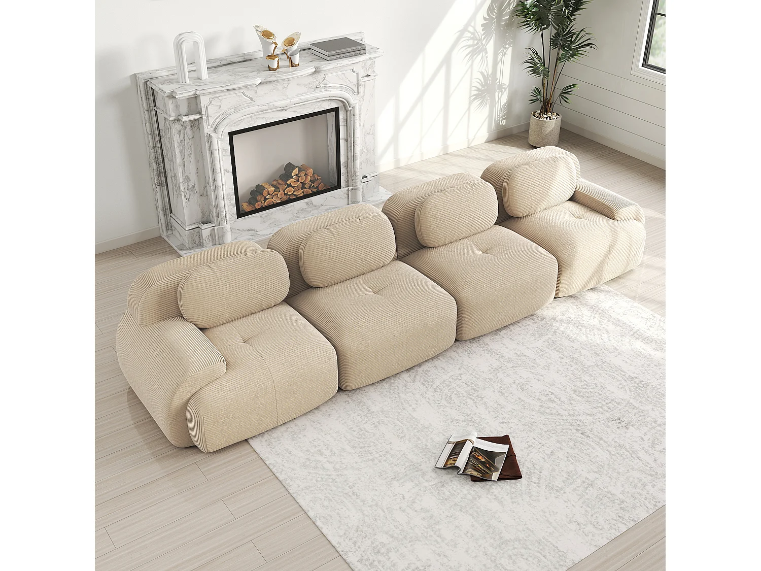 Modulaire 4-zitsbank, extra brede armleuningen, Corduroy stof, beige (Afmetingen: 220x90x85 cm)