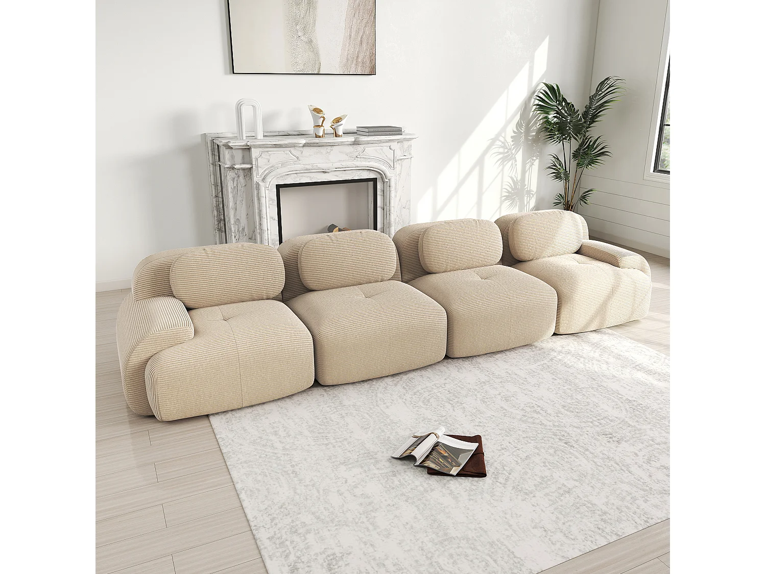 Modulaire 4-zitsbank, extra brede armleuningen, Corduroy stof, beige (Afmetingen: 220x90x85 cm)