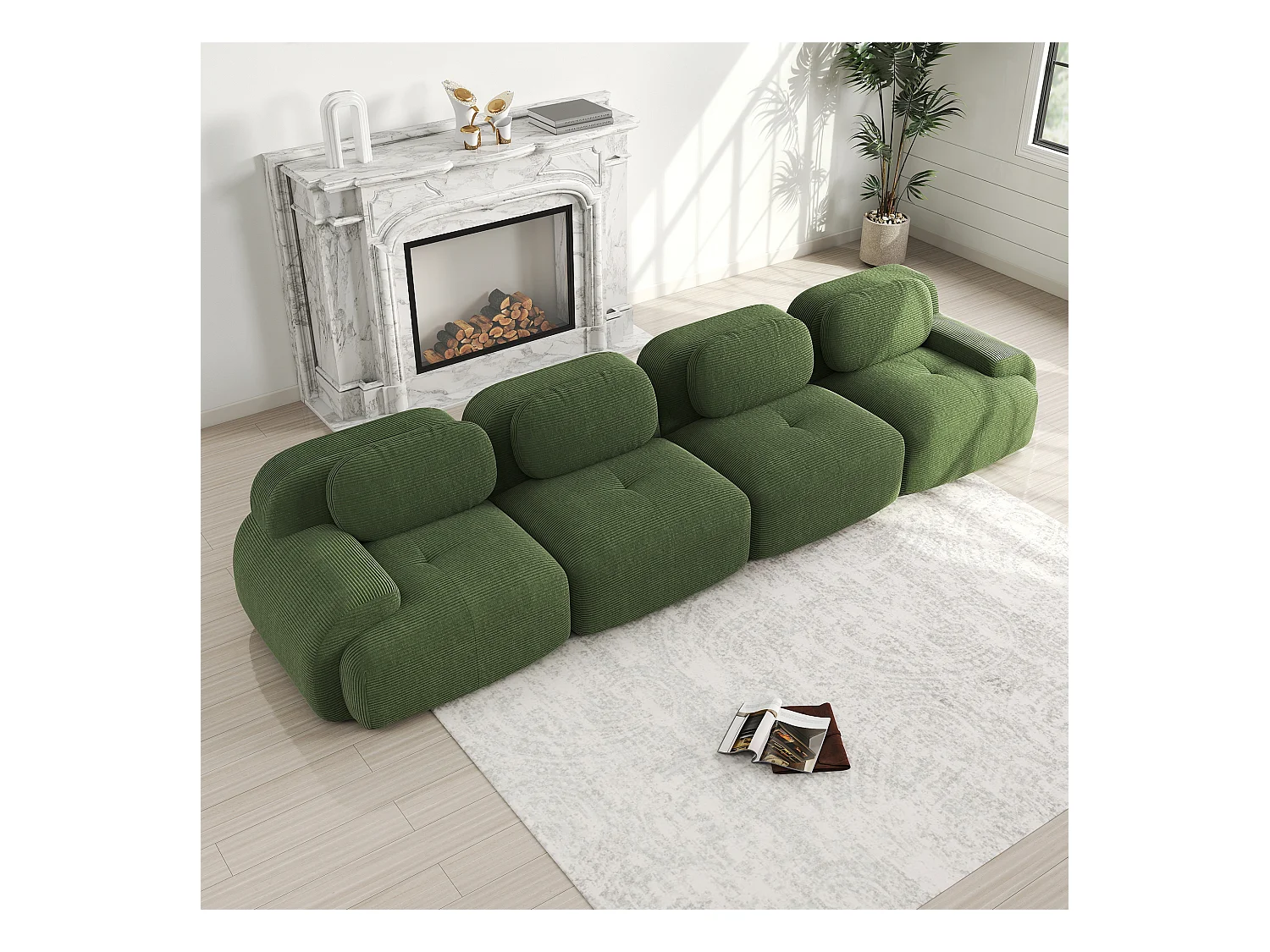 Modulares 4-Sitzer-Sofa, weiches Cordsamt, 32D-elastische Polsterung, grün (290x85x80 cm)
