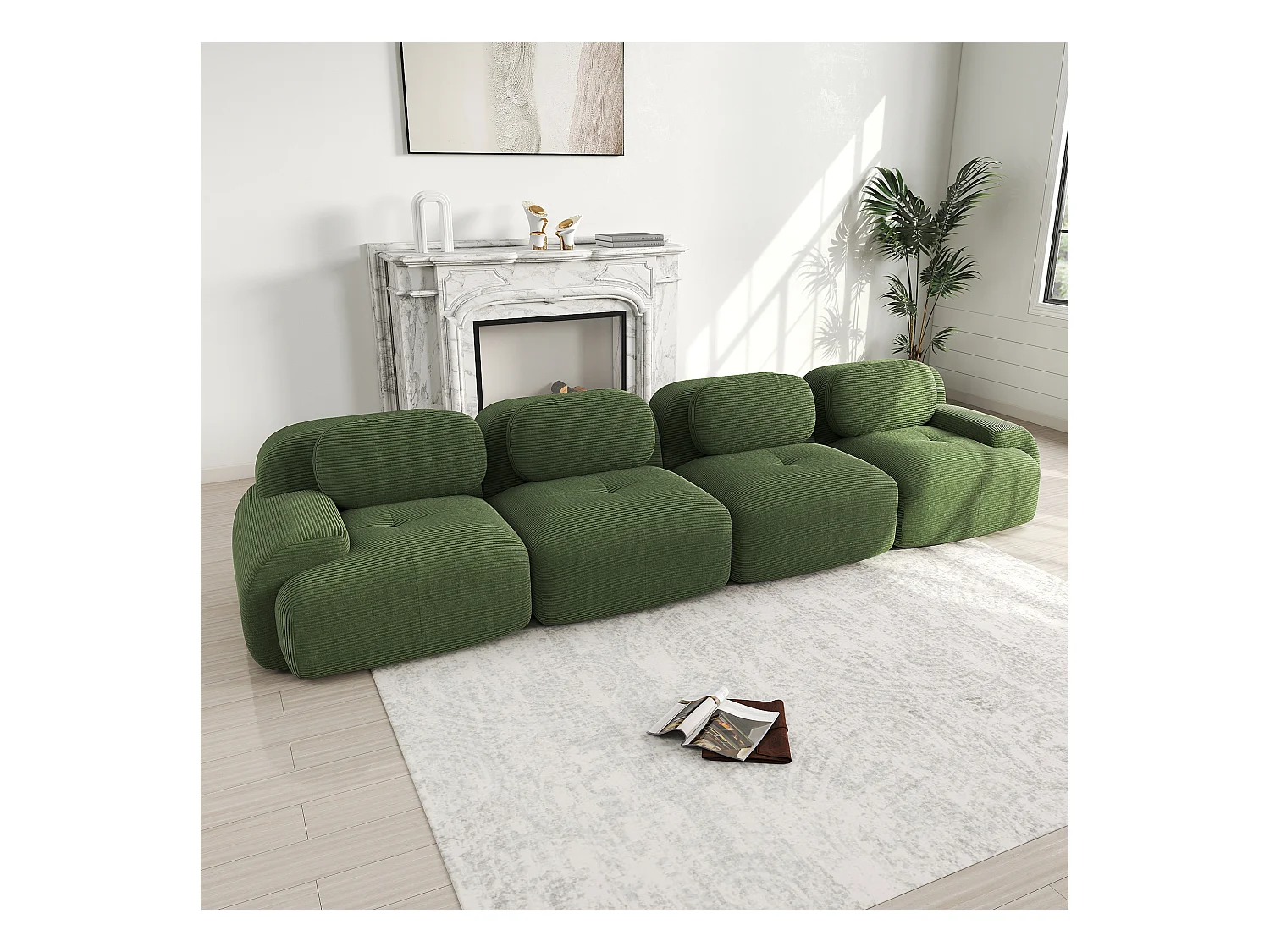 Modulares 4-Sitzer-Sofa, weiches Cordsamt, 32D-elastische Polsterung, grün (290x85x80 cm)