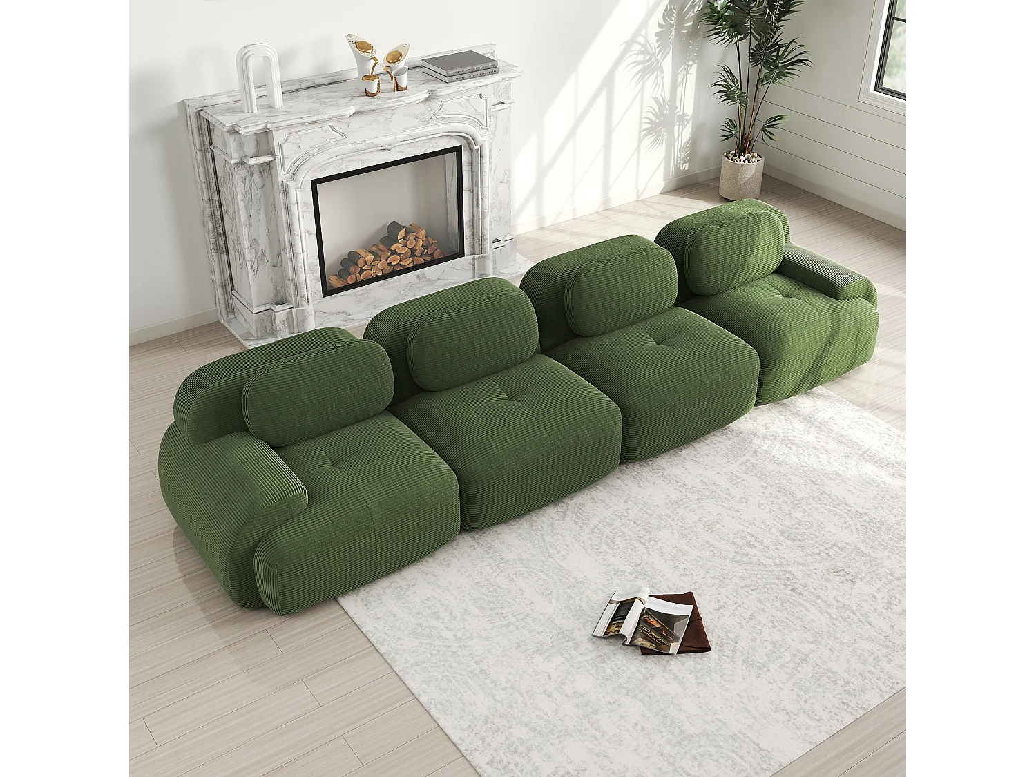 Divano componibile 4 posti, morbido cordoncino, imbottitura elastica 32D, verde (290x85x80 cm)