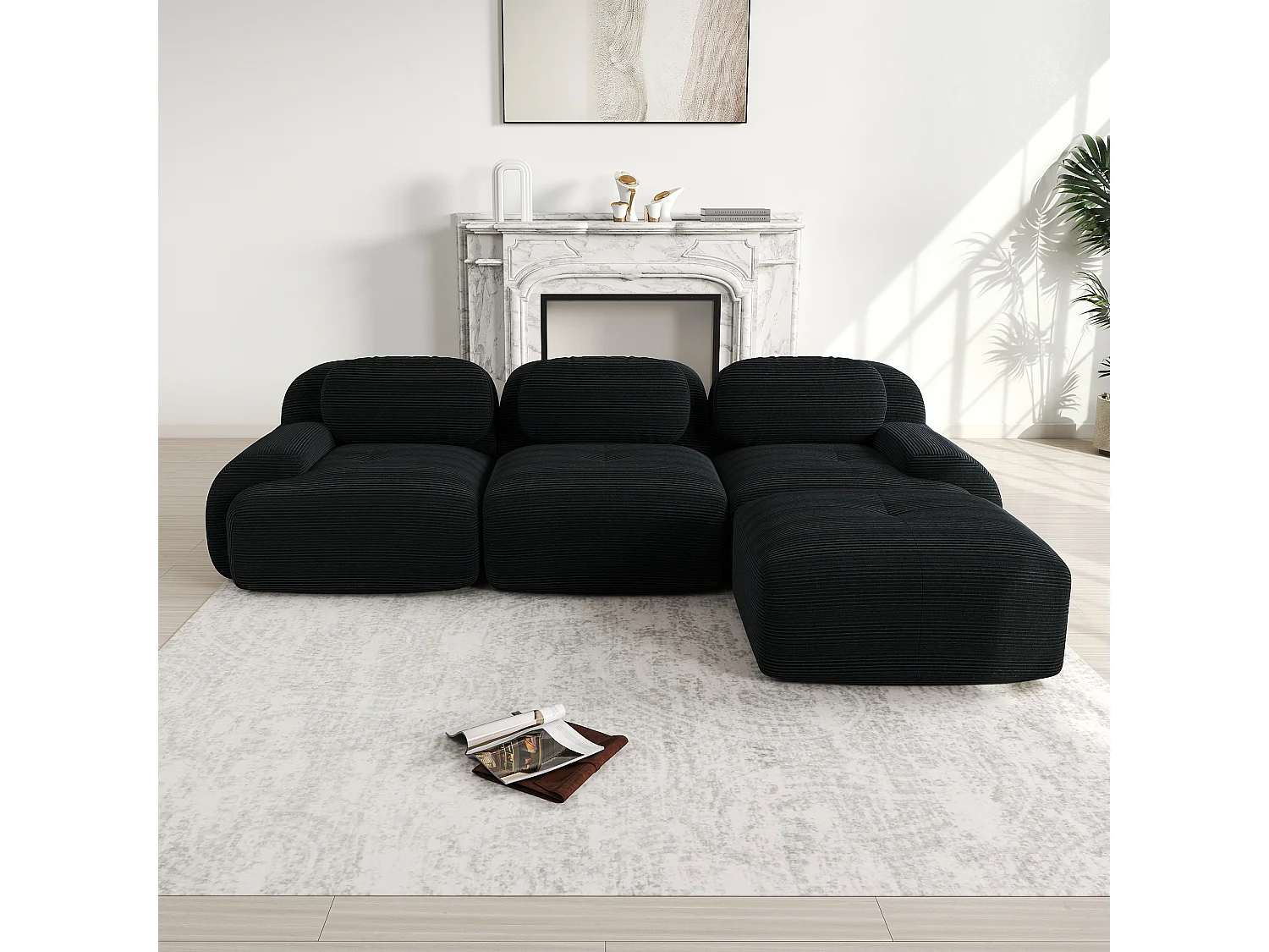 Canapé d'angle modulaire, sans montage, ergonomique, en velours côtelé, extra-large accoudoirs, haute résilience, noir (250x90x80 cm)