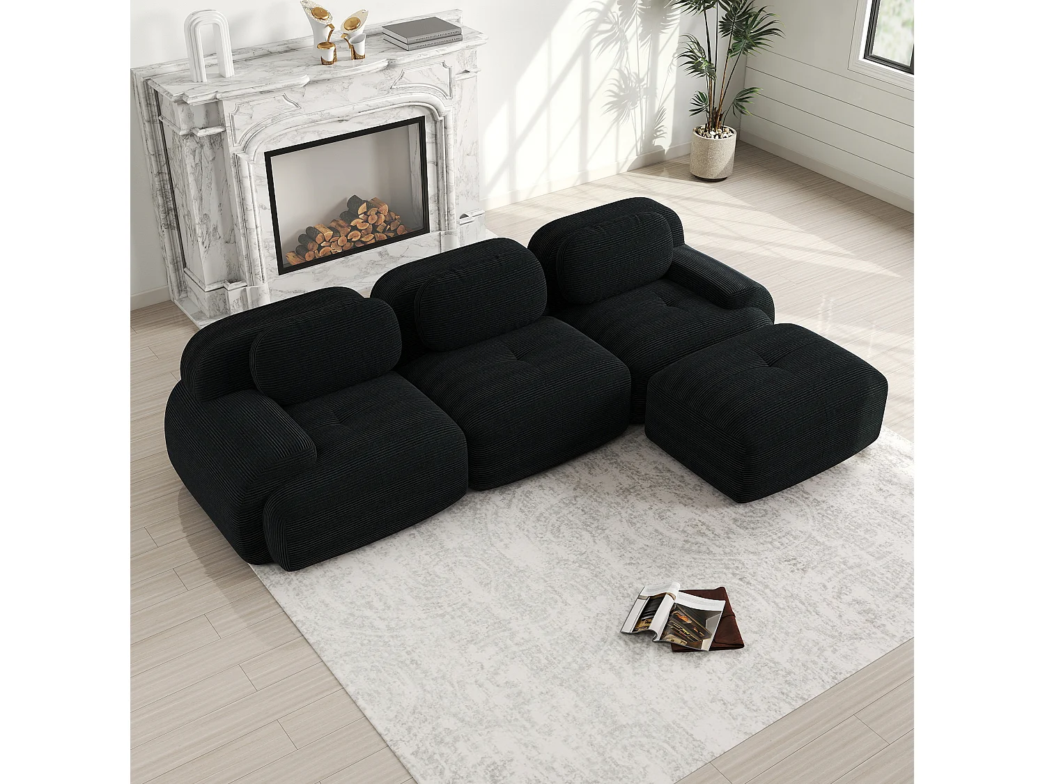 Canapé d'angle modulaire, sans montage, ergonomique, en velours côtelé, extra-large accoudoirs, haute résilience, noir (250x90x80 cm)