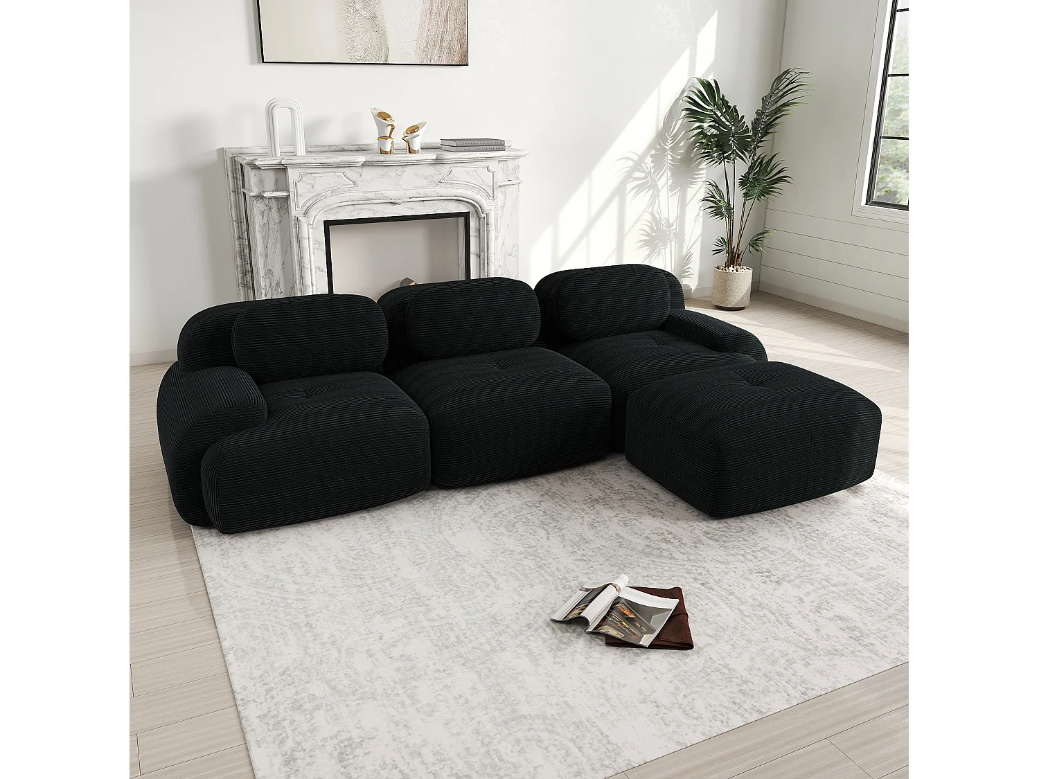 Canapé d'angle modulaire, sans montage, ergonomique, en velours côtelé, extra-large accoudoirs, haute résilience, noir (250x90x80 cm)