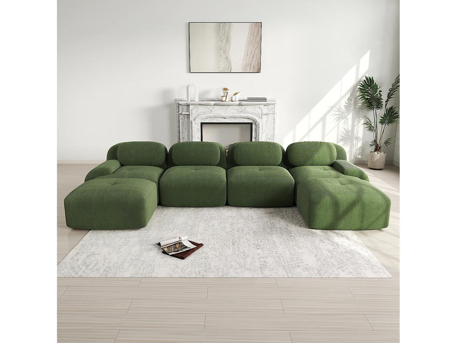Divano modulare a U senza montaggio, cordoncino traspirante, schiuma elastica 32D, braccioli extra larghi, verde (270x85x80 cm)