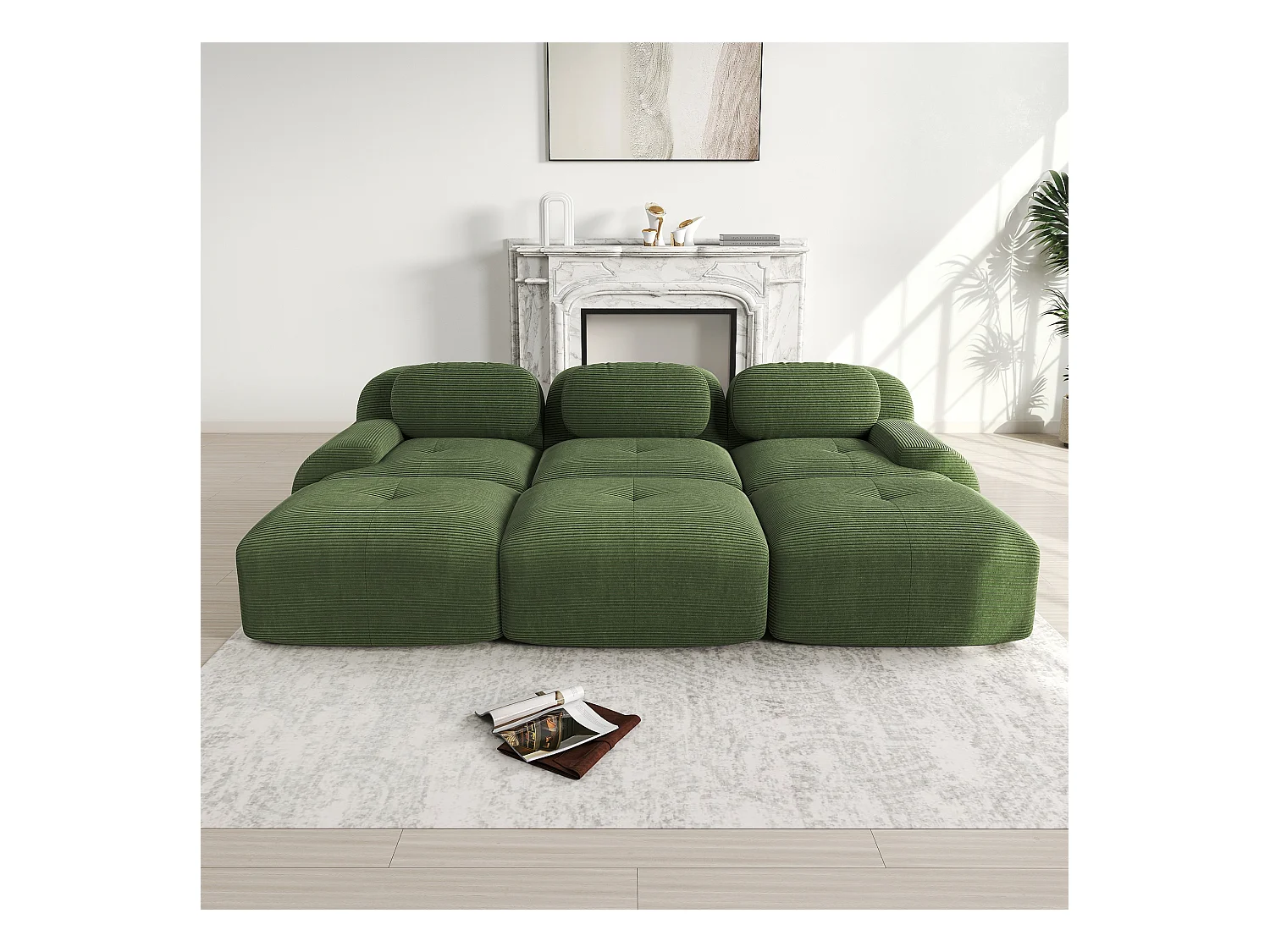 3-Sitzer-Modulsofa mit 3 Ottomanen, Cordsamt Premium, Extrabreite Armlehnen, Elastische Polsterung, Grün (250x85x80 cm)