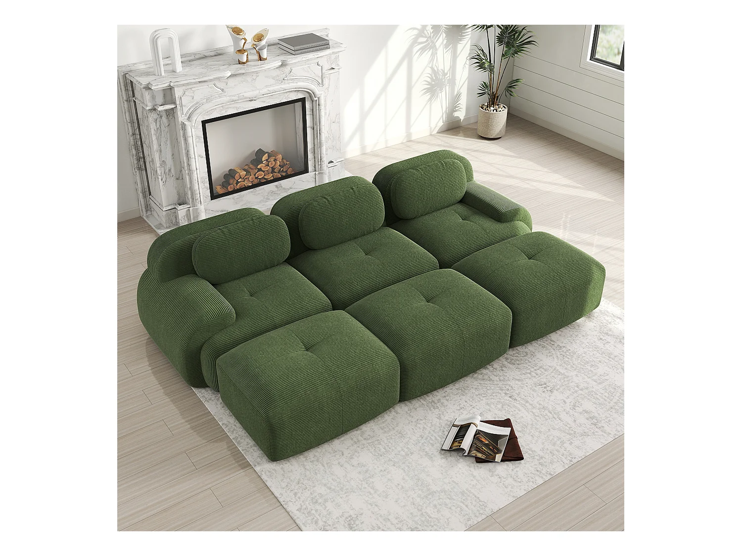 3-Sitzer-Modulsofa mit 3 Ottomanen, Cordsamt Premium, Extrabreite Armlehnen, Elastische Polsterung, Grün (250x85x80 cm)