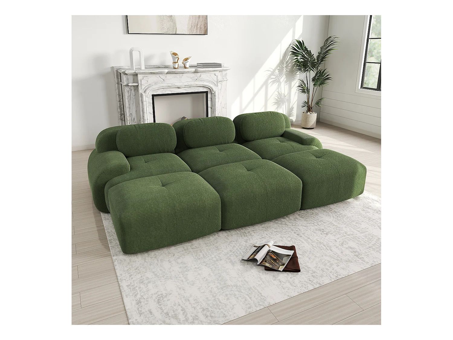 3-Sitzer-Modulsofa mit 3 Ottomanen, Cordsamt Premium, Extrabreite Armlehnen, Elastische Polsterung, Grün (250x85x80 cm)