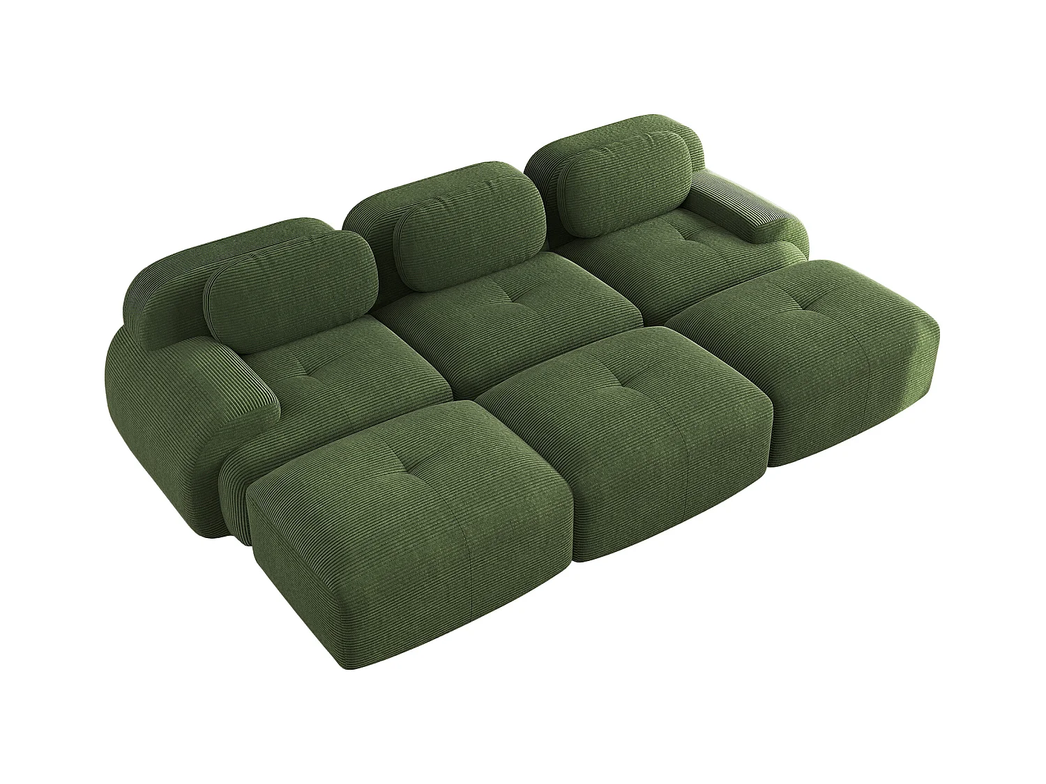 3-Sitzer-Modulsofa mit 3 Ottomanen, Cordsamt Premium, Extrabreite Armlehnen, Elastische Polsterung, Grün (250x85x80 cm)