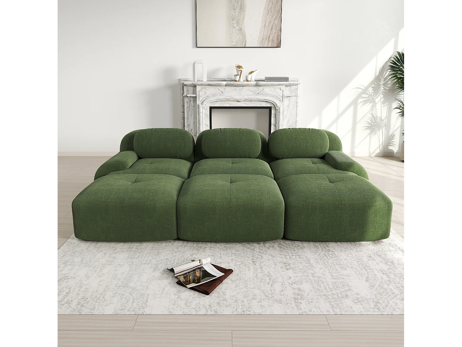 Divano componibile a 3 posti con 3 pouf, Cordsamt Premium, braccioli extra larghi, imbottitura elastica, verde (250x85x80 cm)
