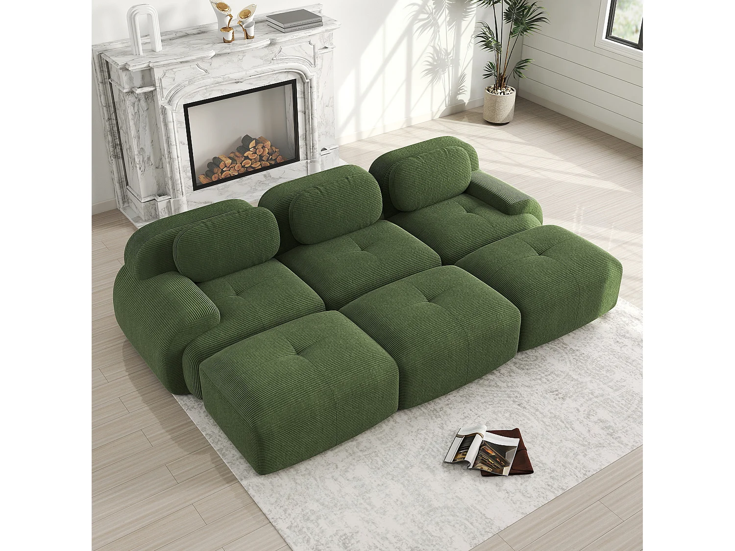 Divano componibile a 3 posti con 3 pouf, Cordsamt Premium, braccioli extra larghi, imbottitura elastica, verde (250x85x80 cm)