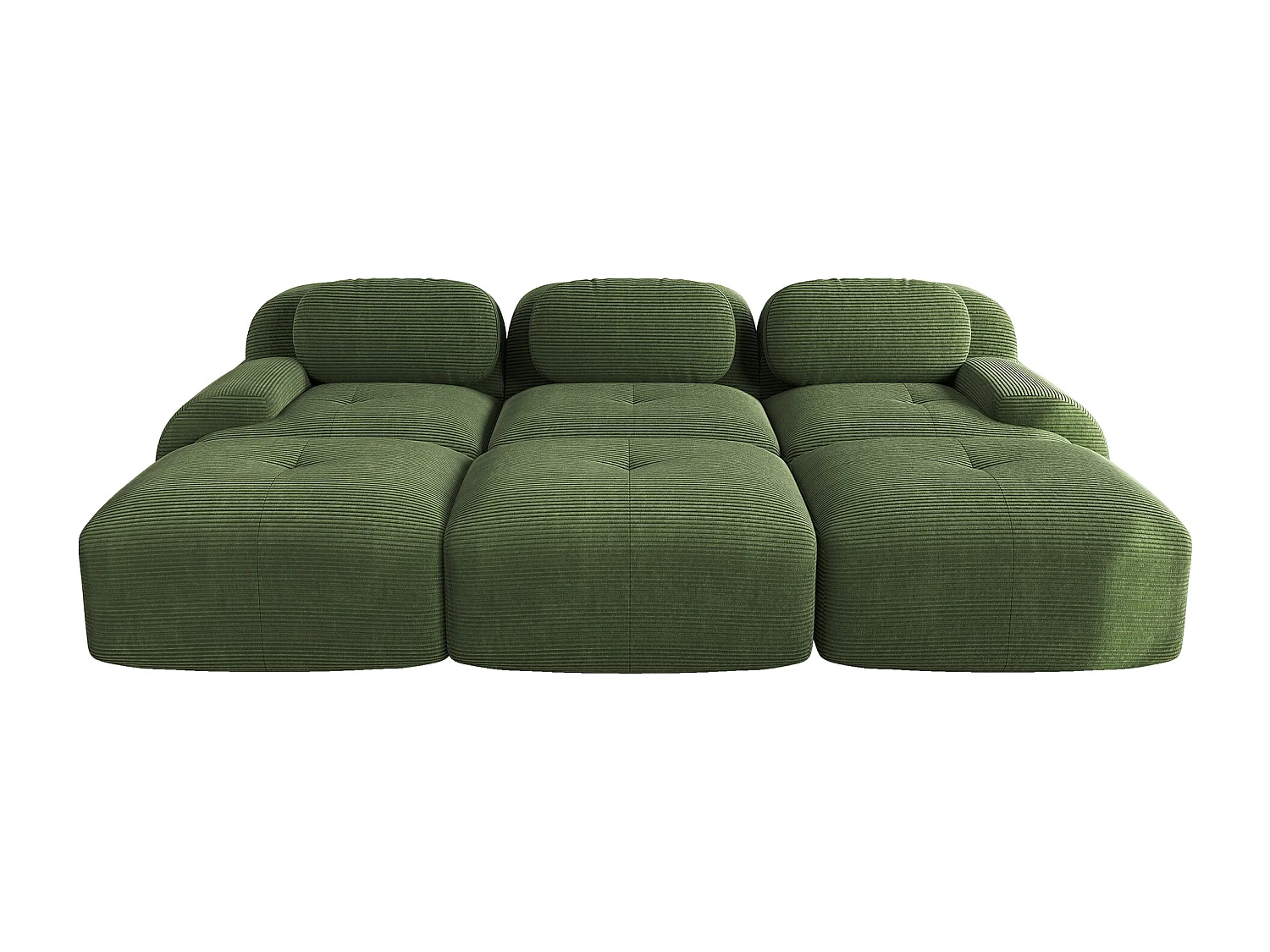 Divano componibile a 3 posti con 3 pouf, Cordsamt Premium, braccioli extra larghi, imbottitura elastica, verde (250x85x80 cm)