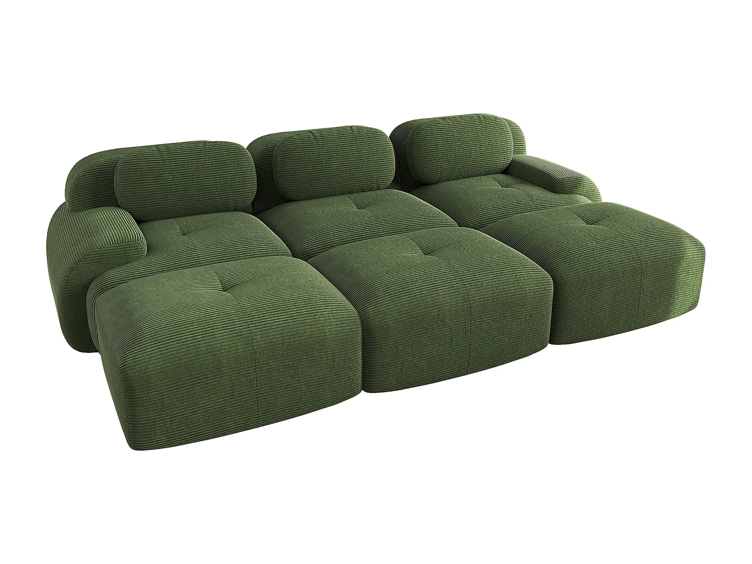 Divano componibile a 3 posti con 3 pouf, Cordsamt Premium, braccioli extra larghi, imbottitura elastica, verde (250x85x80 cm)