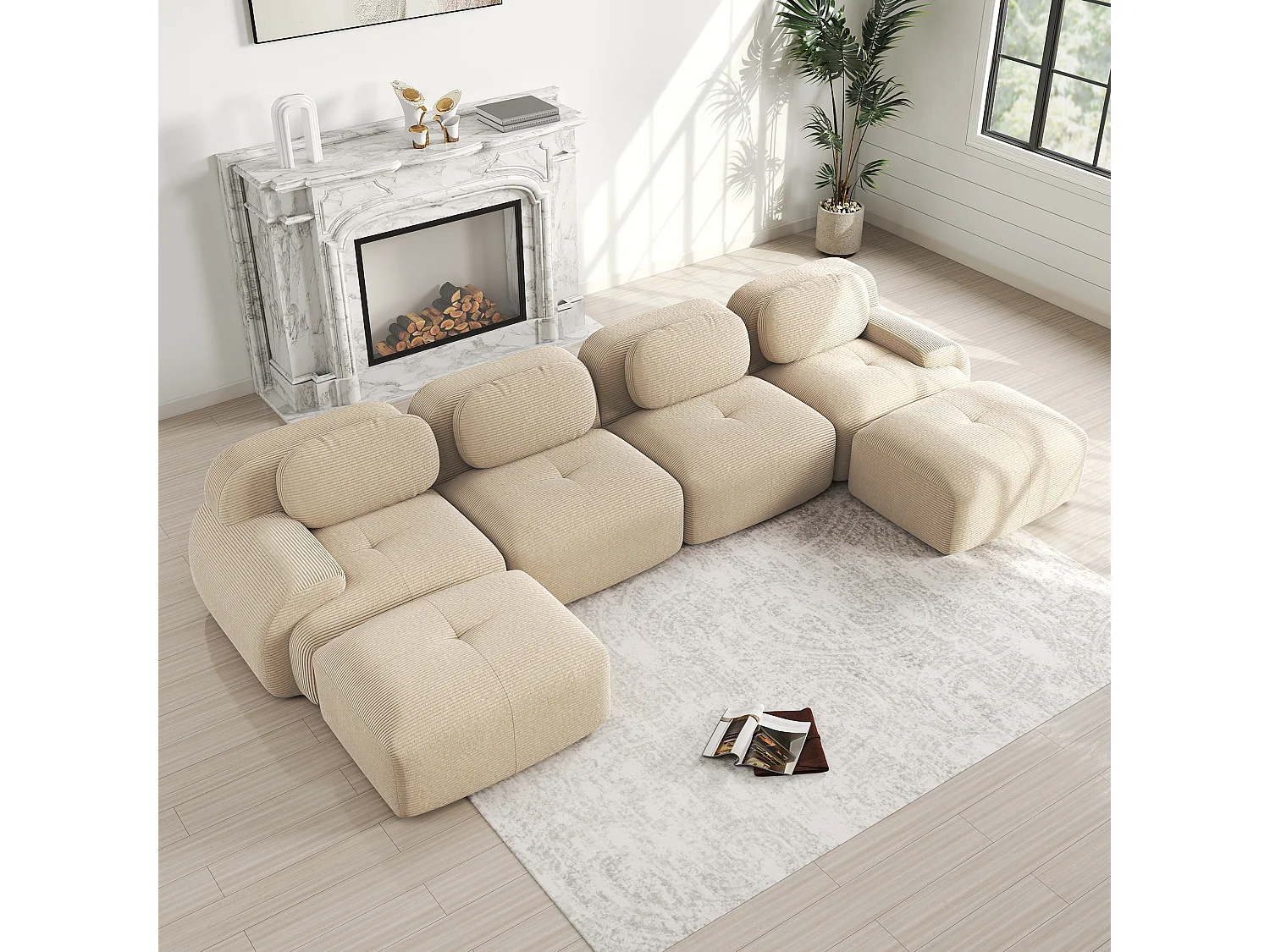 Modulaire U-vormige bank, extra brede armleuningen, Corduroy stof, beige (Afmetingen: 230x90x85 cm)
