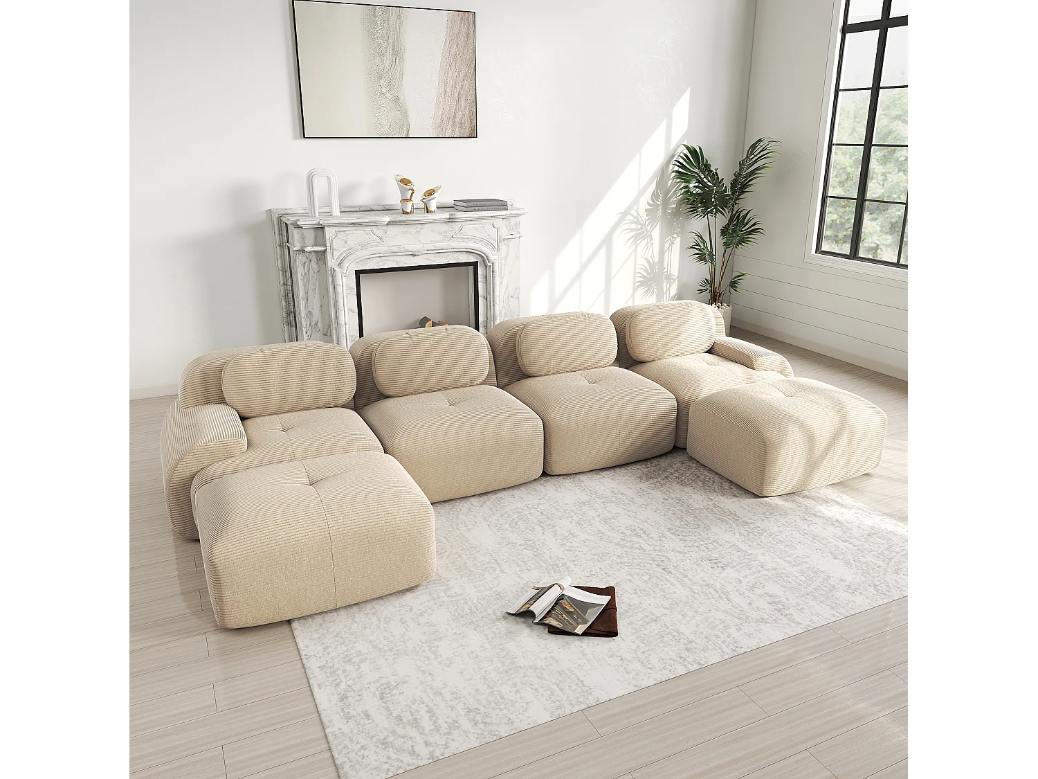 Modulaire U-vormige bank, extra brede armleuningen, Corduroy stof, beige (Afmetingen: 230x90x85 cm)