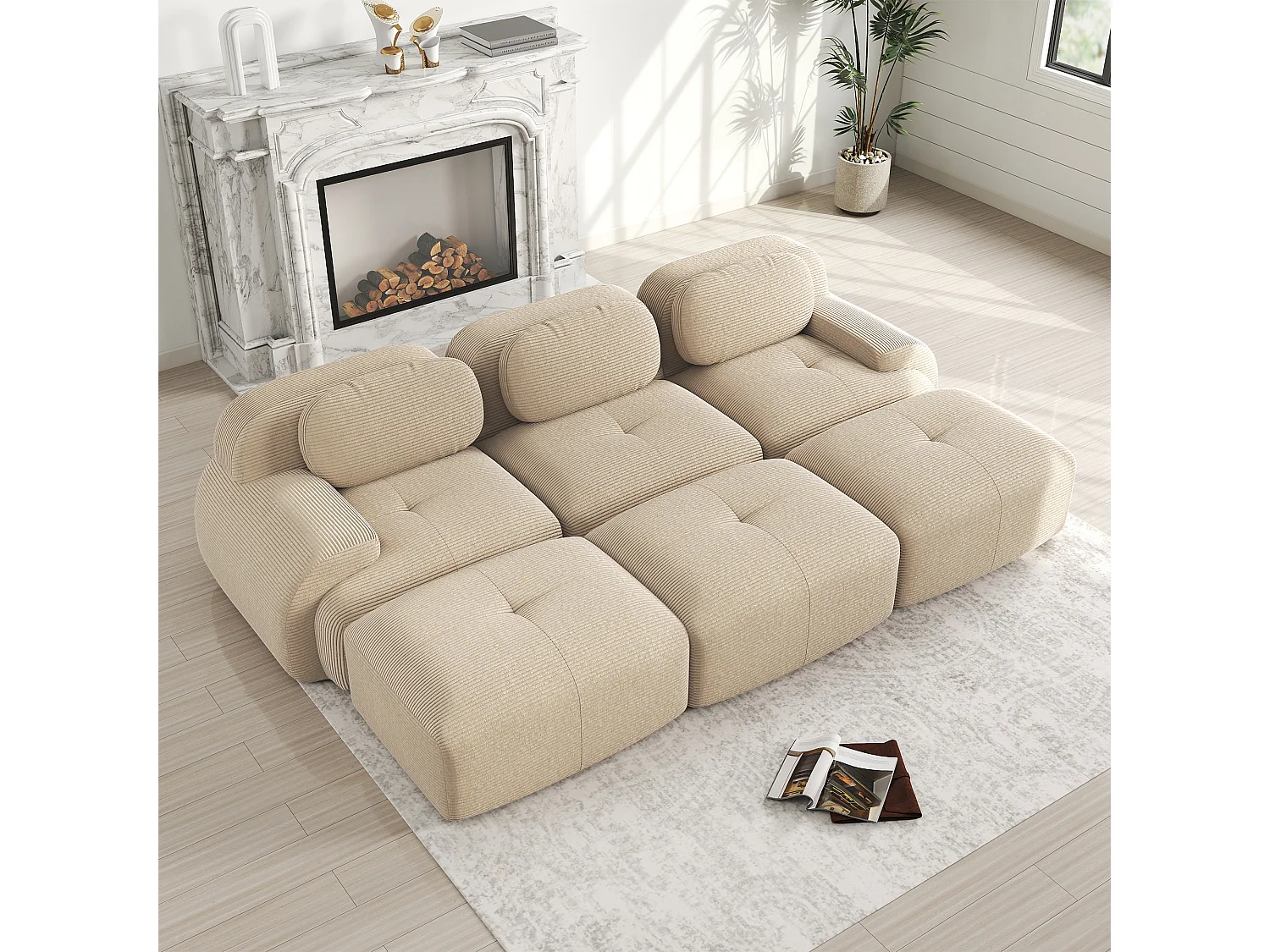Modulaire 3-zitsbank, extra brede armleuningen, Corduroy stof, beige (Afmetingen: 210x90x85 cm)