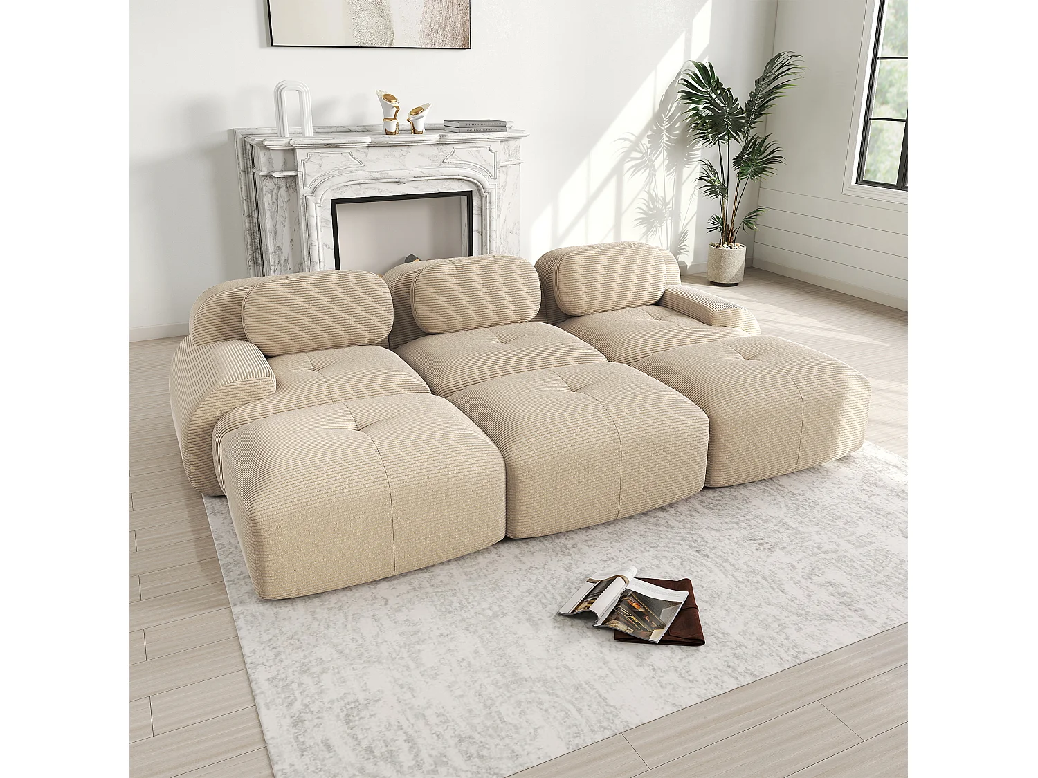 Modulaire 3-zitsbank, extra brede armleuningen, Corduroy stof, beige (Afmetingen: 210x90x85 cm)