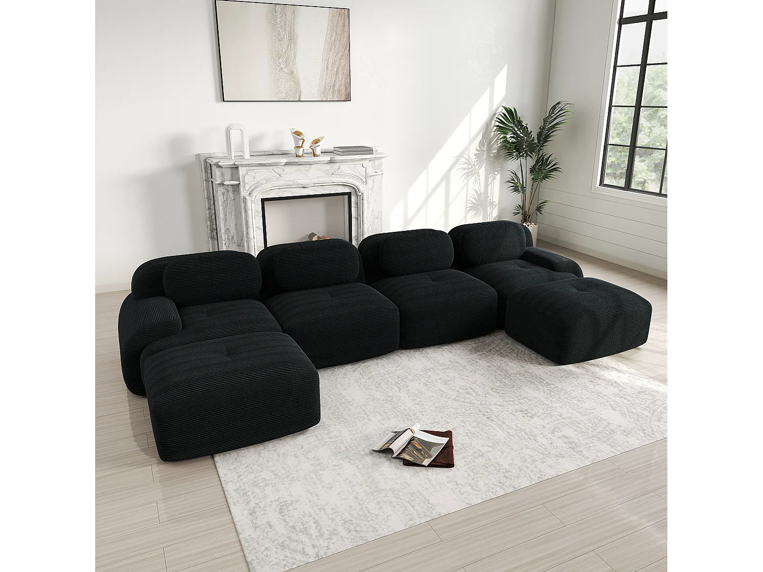 Modulaire U-vormige bank, ademend cordsamt, 32D elastisch schuim, extra brede armleuningen, zwart (270x85x80 cm)