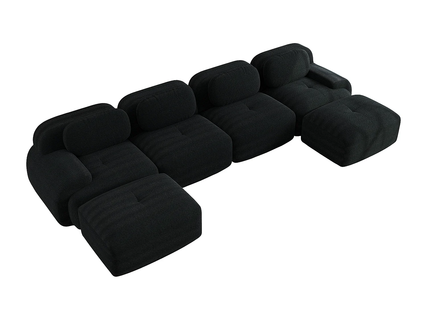 Modulaire U-vormige bank, ademend cordsamt, 32D elastisch schuim, extra brede armleuningen, zwart (270x85x80 cm)