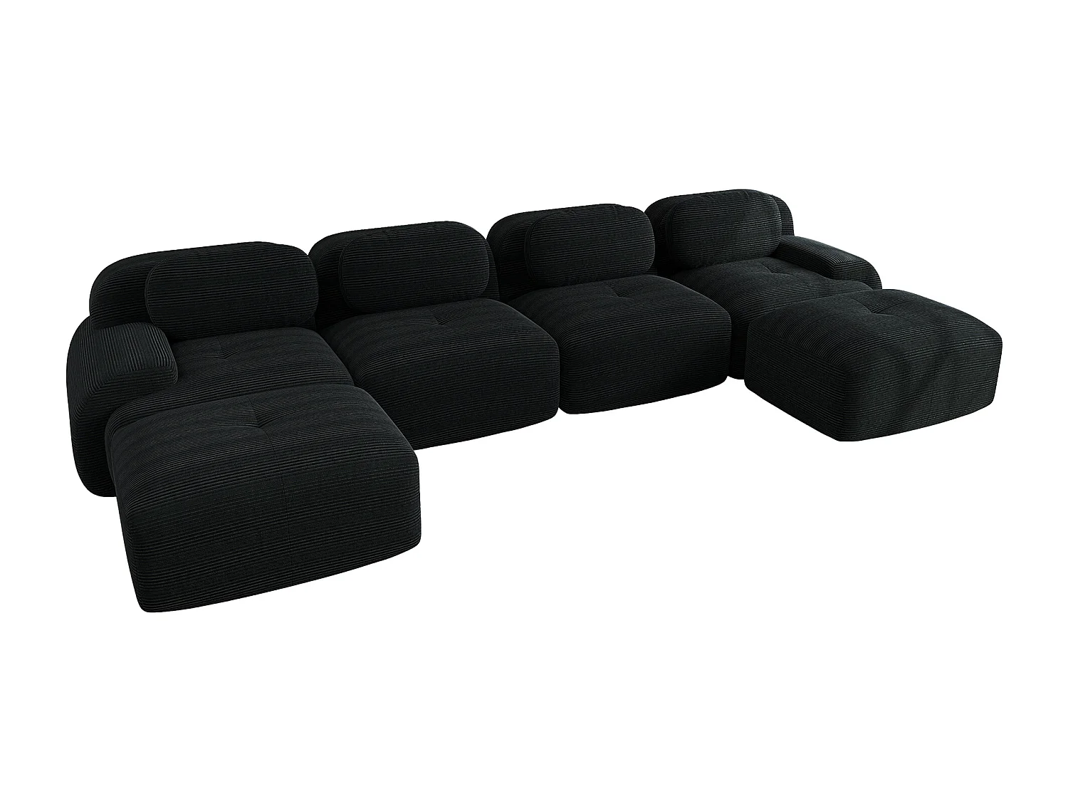 Modulaire U-vormige bank, ademend cordsamt, 32D elastisch schuim, extra brede armleuningen, zwart (270x85x80 cm)