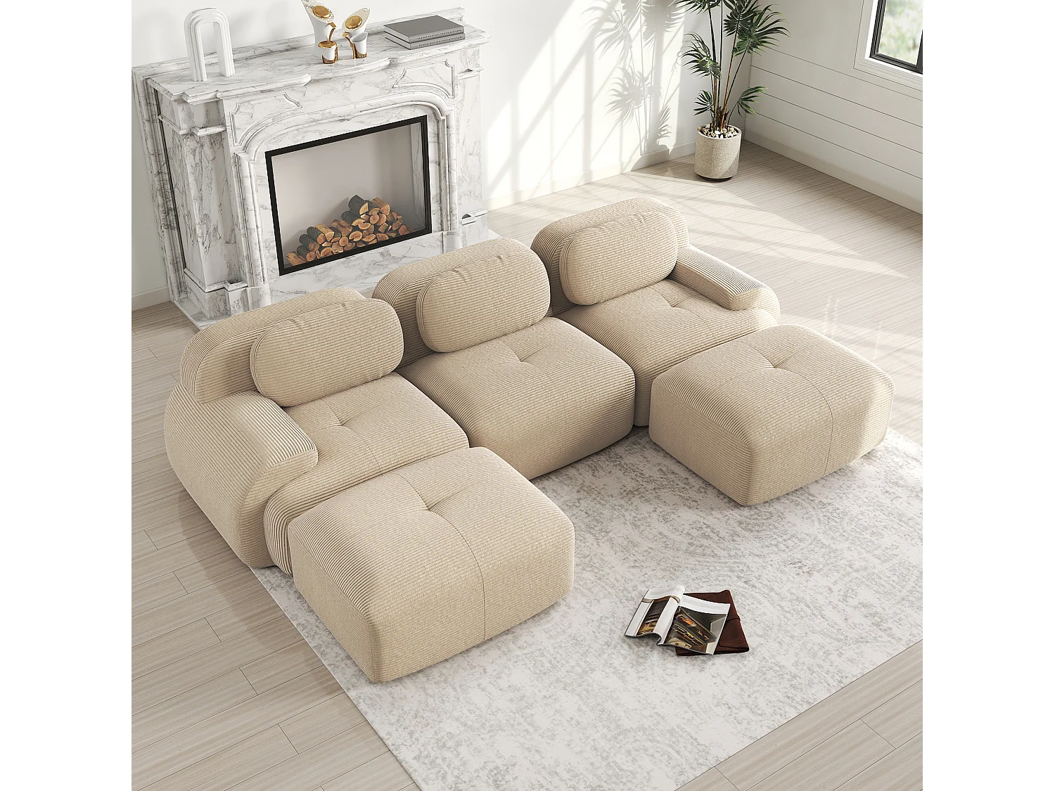 Modulaire U-vormige bank, Corduroy stof, extra brede armleuningen, rutschfest, beige (Afmetingen: 220x90x85 cm)