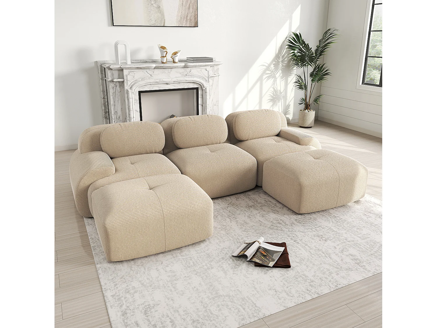 Modulaire U-vormige bank, Corduroy stof, extra brede armleuningen, rutschfest, beige (Afmetingen: 220x90x85 cm)