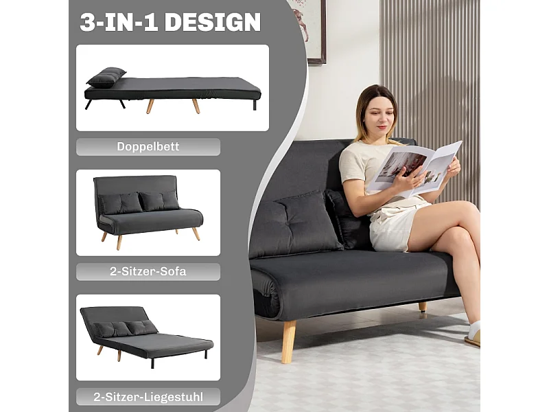 Sofá cama convertible de 2 plazas, tela, metal, gris (120x75x87 cm)