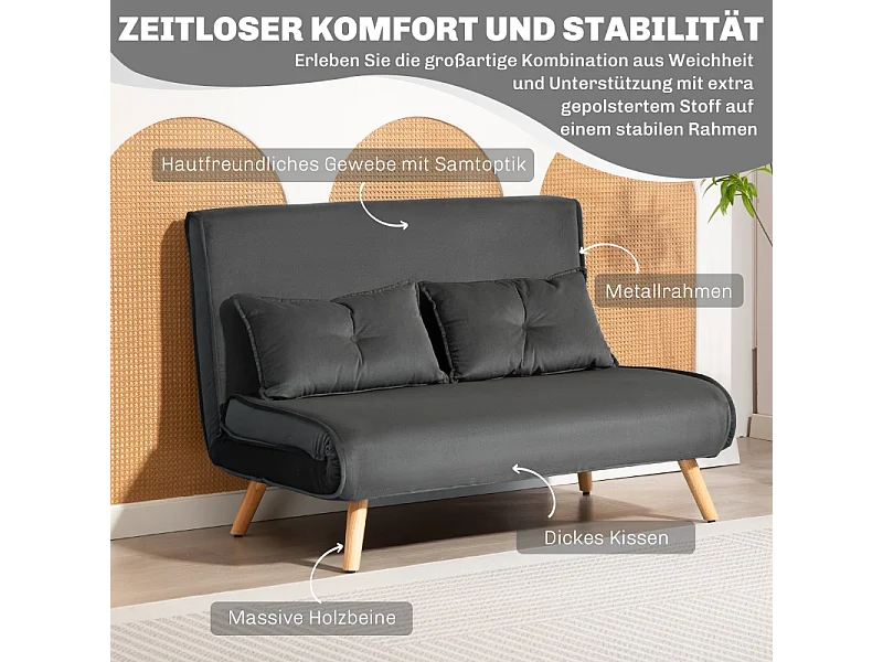 Sofá cama convertible de 2 plazas, tela, metal, gris (120x75x87 cm)