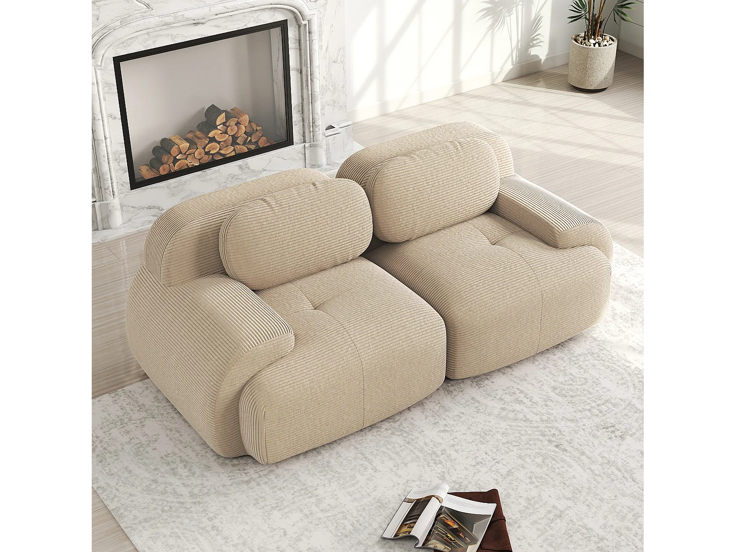 Loveseat 82'' modulair, gebogen armleuningen, Corduroy stof, antislip, hoog elastisch schuim, Beige (Afmetingen: 208x90x80 cm)