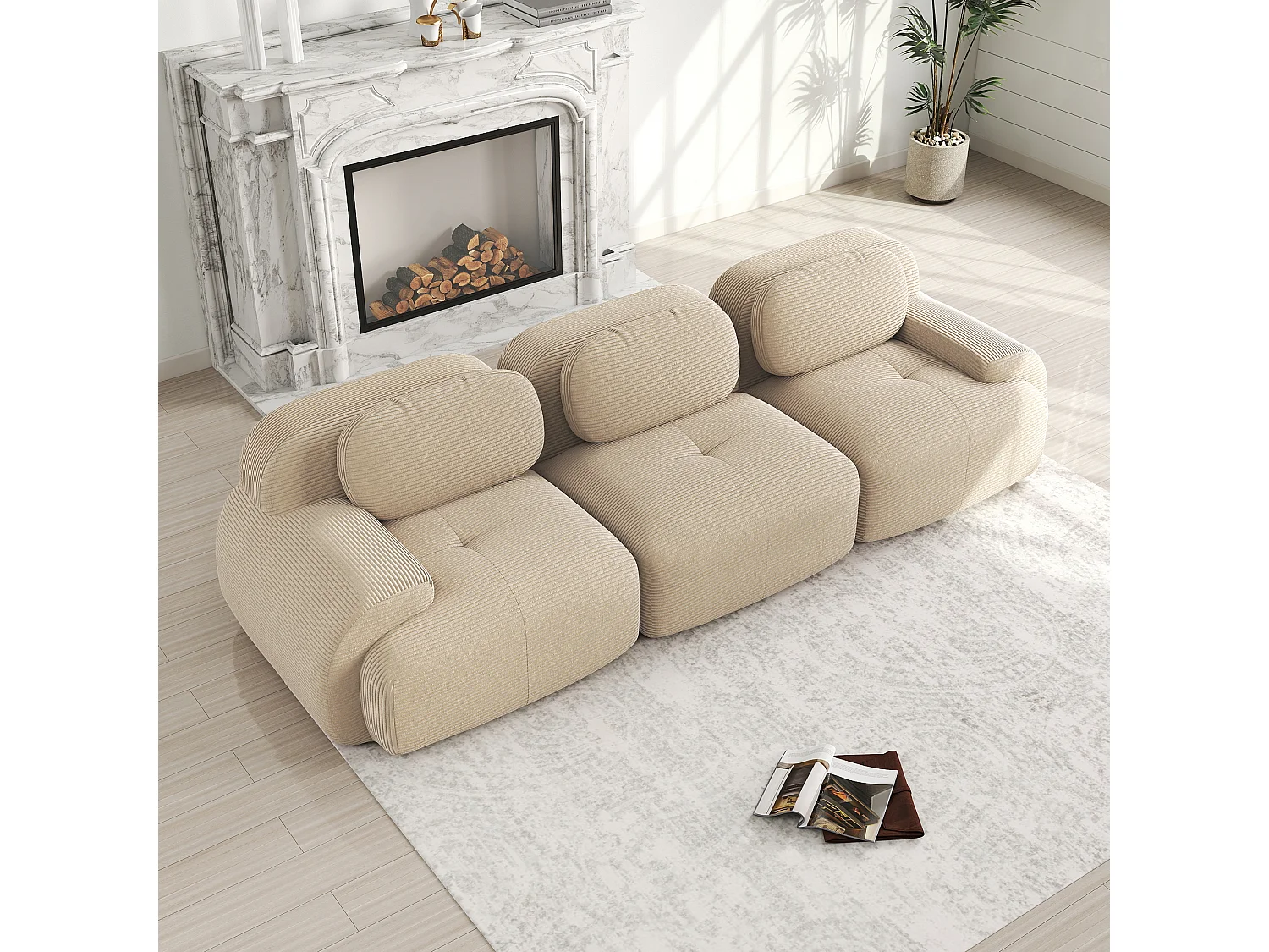 Modulaire 3-zitsbank, ergonomische armleuningen, Corduroy stof, beige (Afmetingen: 200x90x80 cm)