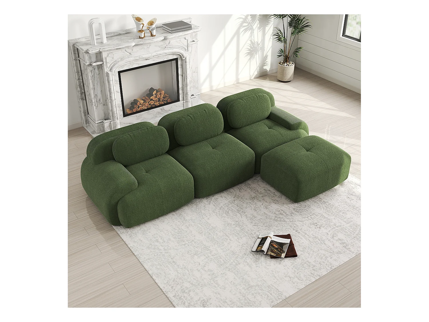 Modulares Ecksofa, kein Zusammenbau erforderlich, ergonomisch und haustierfreundlich, Cordsamt Extra Large, Grün (220x85x80 cm)