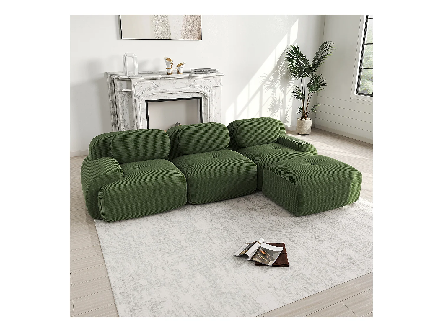 Modulares Ecksofa, kein Zusammenbau erforderlich, ergonomisch und haustierfreundlich, Cordsamt Extra Large, Grün (220x85x80 cm)