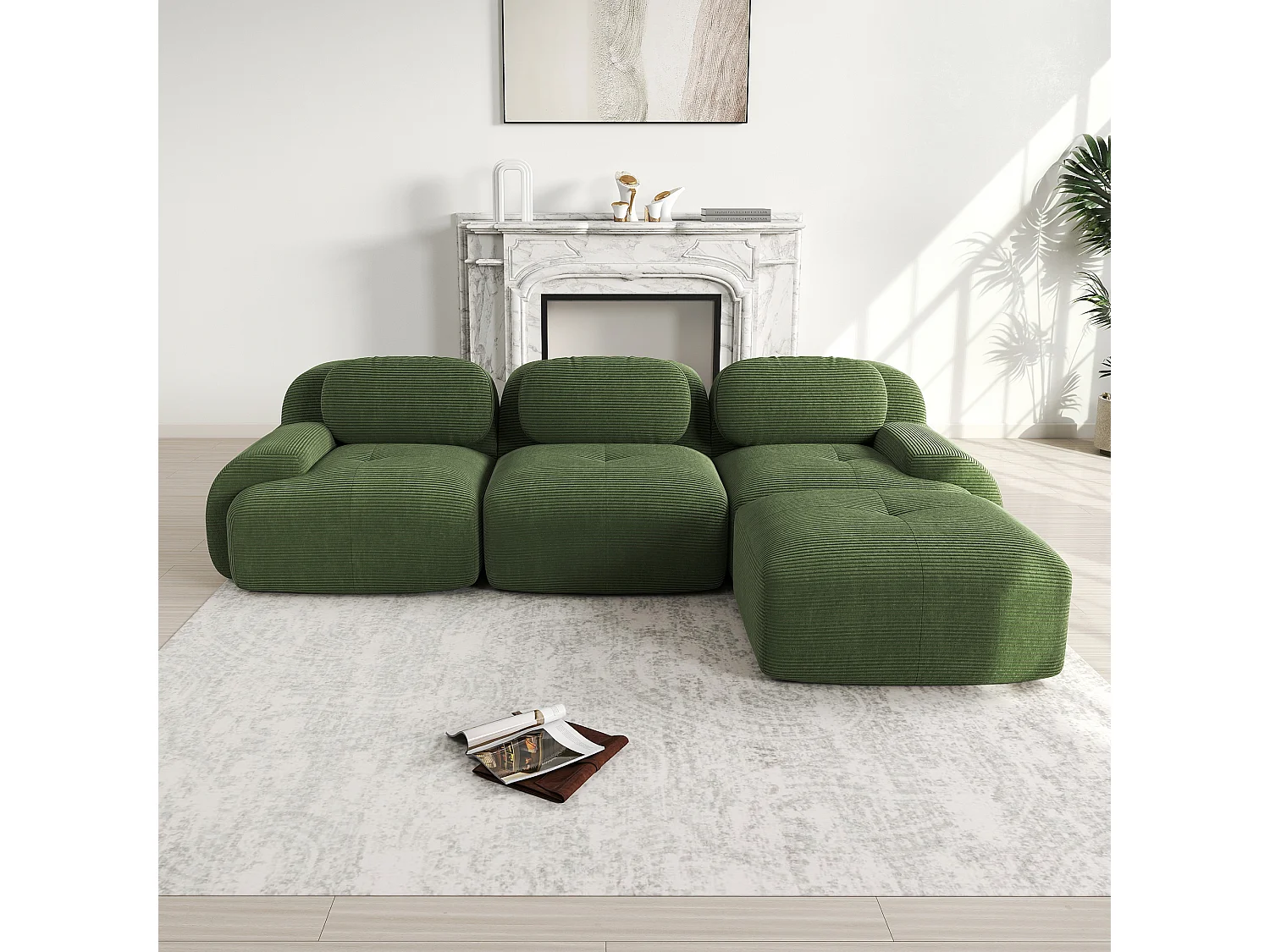 Divano angolare modulare, non richiede montaggio, ergonomico e adatto agli animali domestici, Cordsamt Extra Large, verde (220x85x80 cm)
