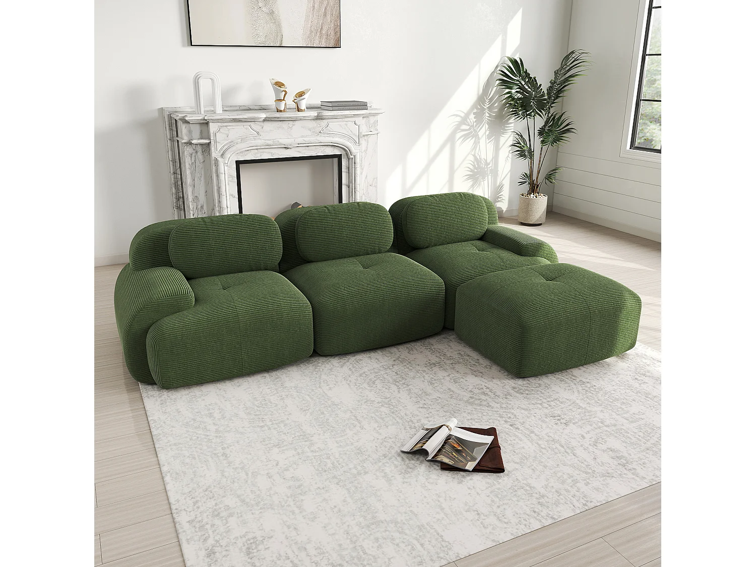 Divano angolare modulare, non richiede montaggio, ergonomico e adatto agli animali domestici, Cordsamt Extra Large, verde (220x85x80 cm)