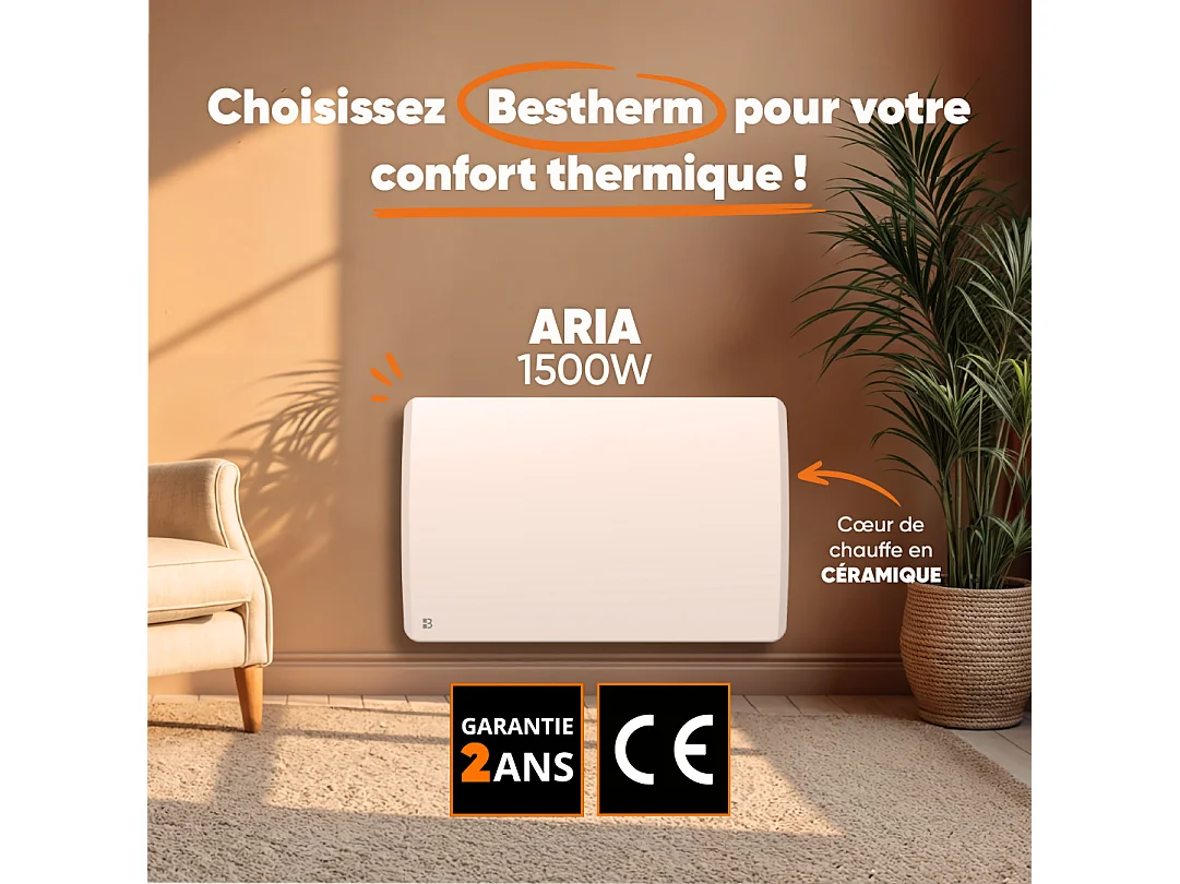 Radiateur électrique fixe à inertie sèche céramique 1500W Bestherm ARIA horizontal blanc