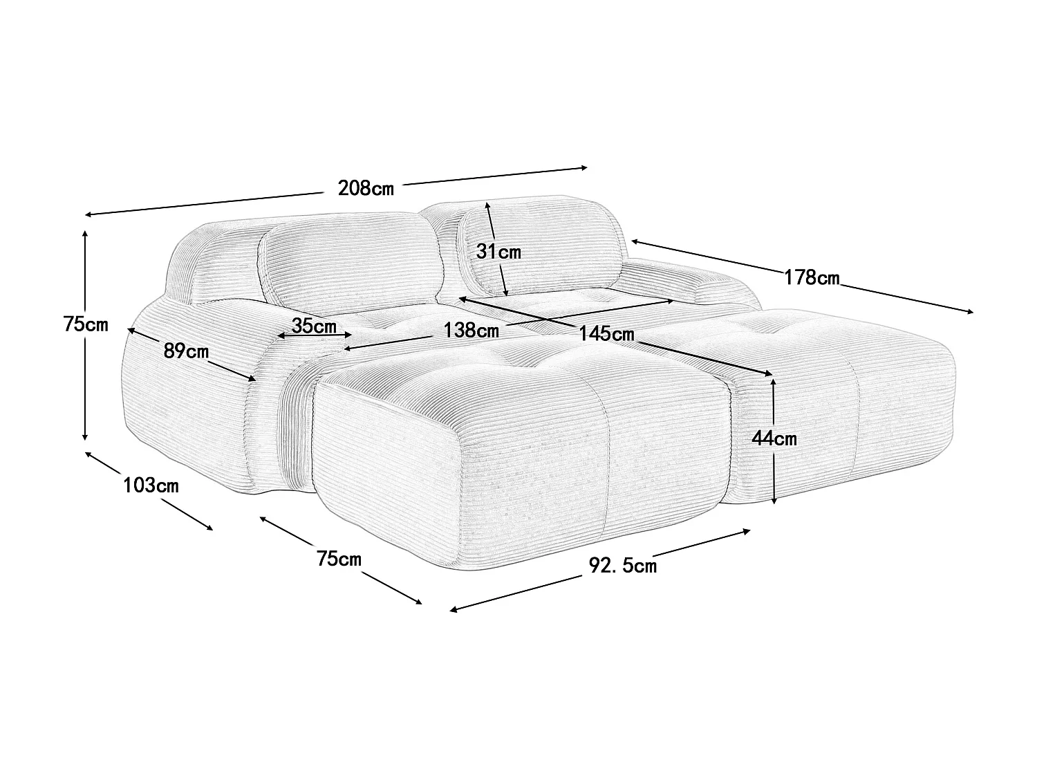 Divano componibile 2 posti, morbido cordsamt, chaise longue, braccioli ergonomici, grigio (82x40x80 cm)