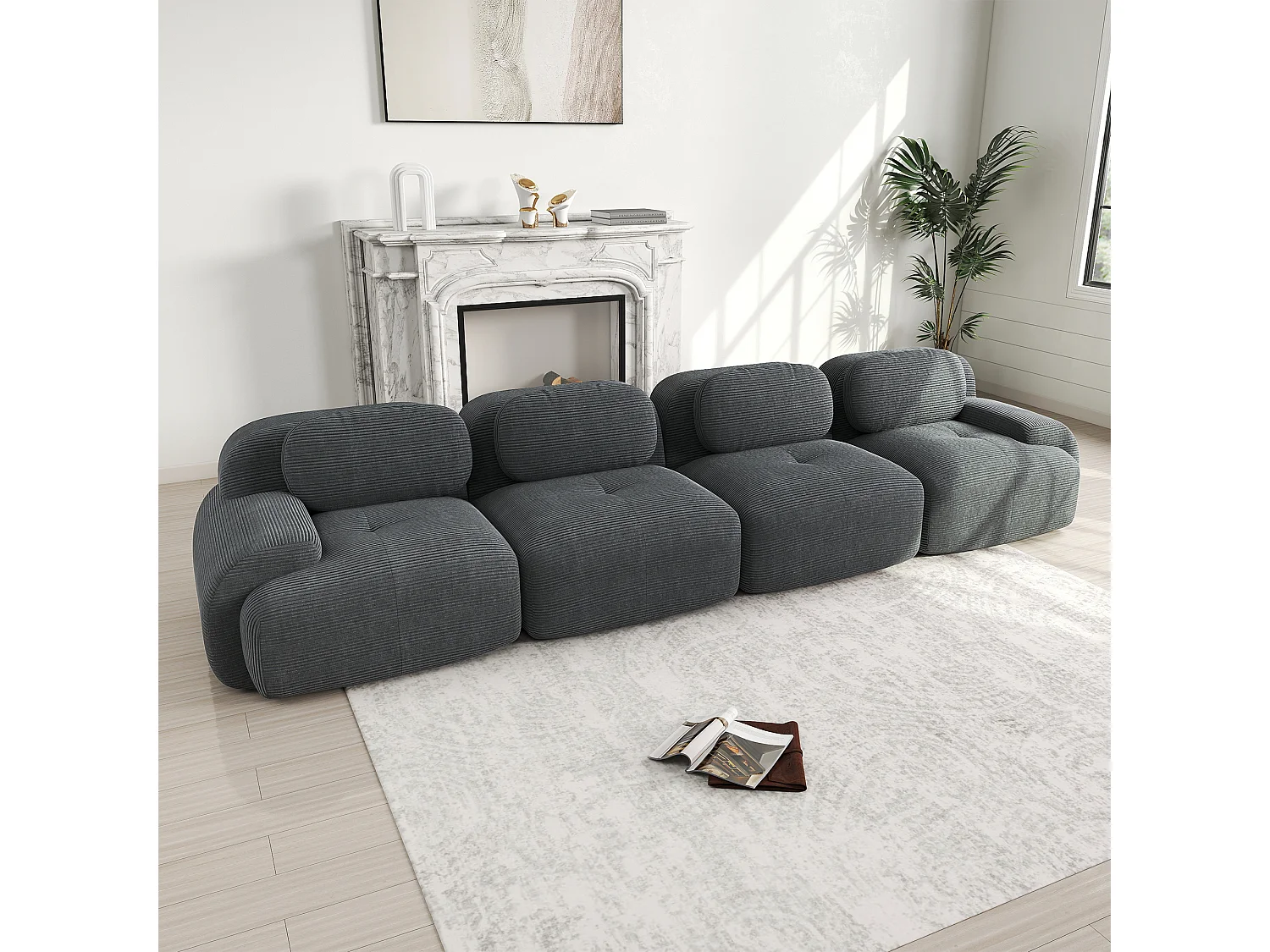 Modulaire 4-zitsbank van corduroy, 32D hoog-elastisch schuim, ontworpen voor huisdieren, geen montage vereist, grijs (Afmetingen: 240x90x80 cm)