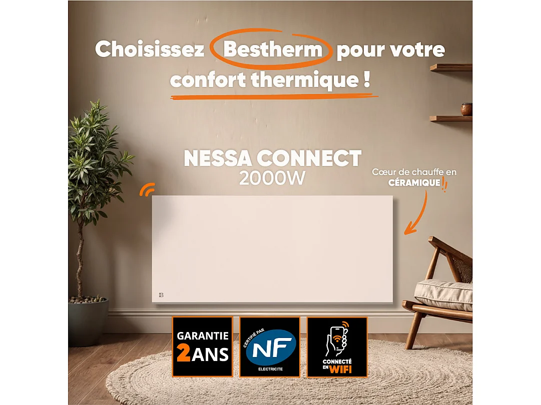 Radiateur électrique fixe connecté WIFI à inertie sèche céramique 2000W Bestherm NESSA CONNECT horizontal blanc
