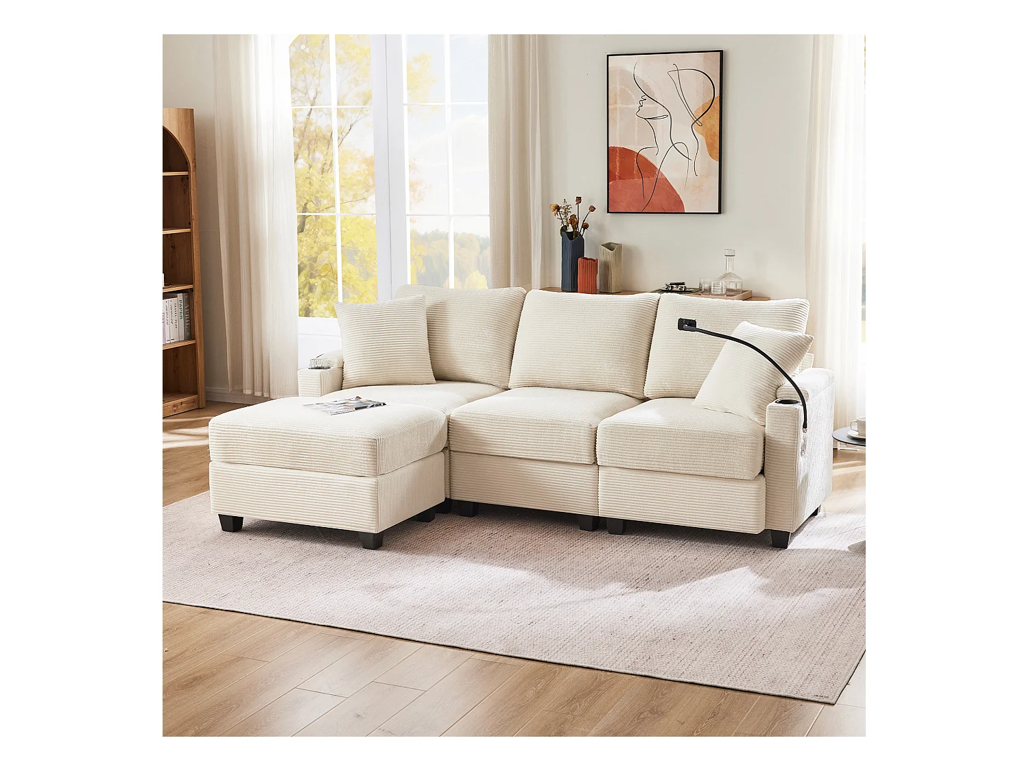 L-vormige hoekbank, 3-zits slaapbank met voetenbank, bekerhouder, USB-oplader, armleuning en 2 kussens (213,5x139x87 cm)