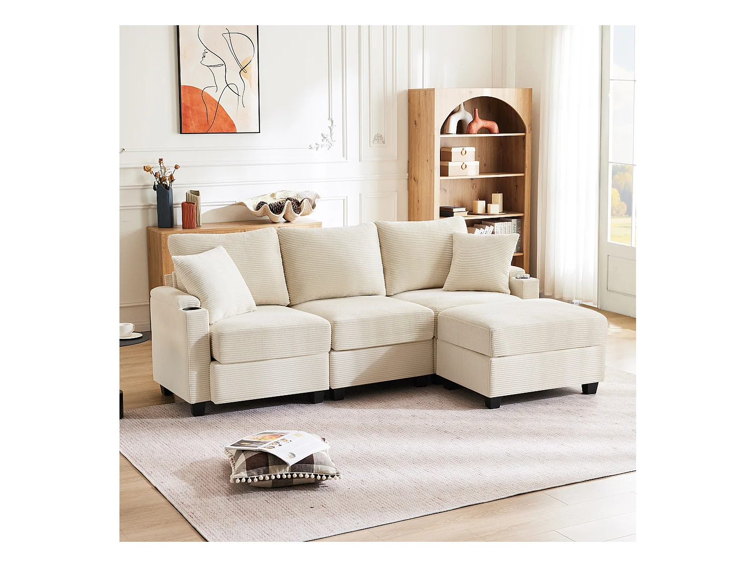 L-vormige hoekbank, 3-zits slaapbank met voetenbank, bekerhouder, USB-oplader, armleuning en 2 kussens (213,5x139x87 cm)