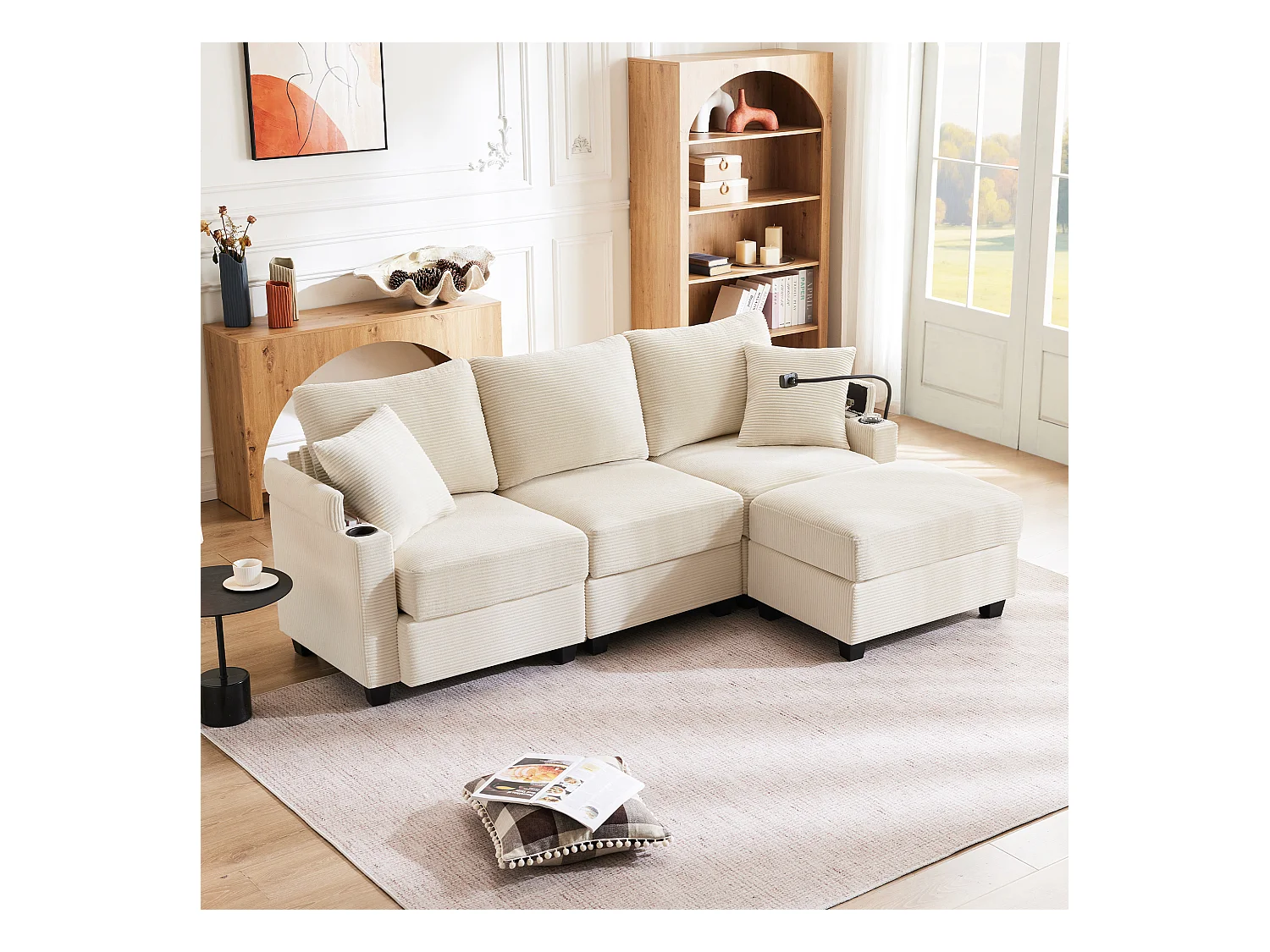 L-vormige hoekbank, 3-zits slaapbank met voetenbank, bekerhouder, USB-oplader, armleuning en 2 kussens (213,5x139x87 cm)